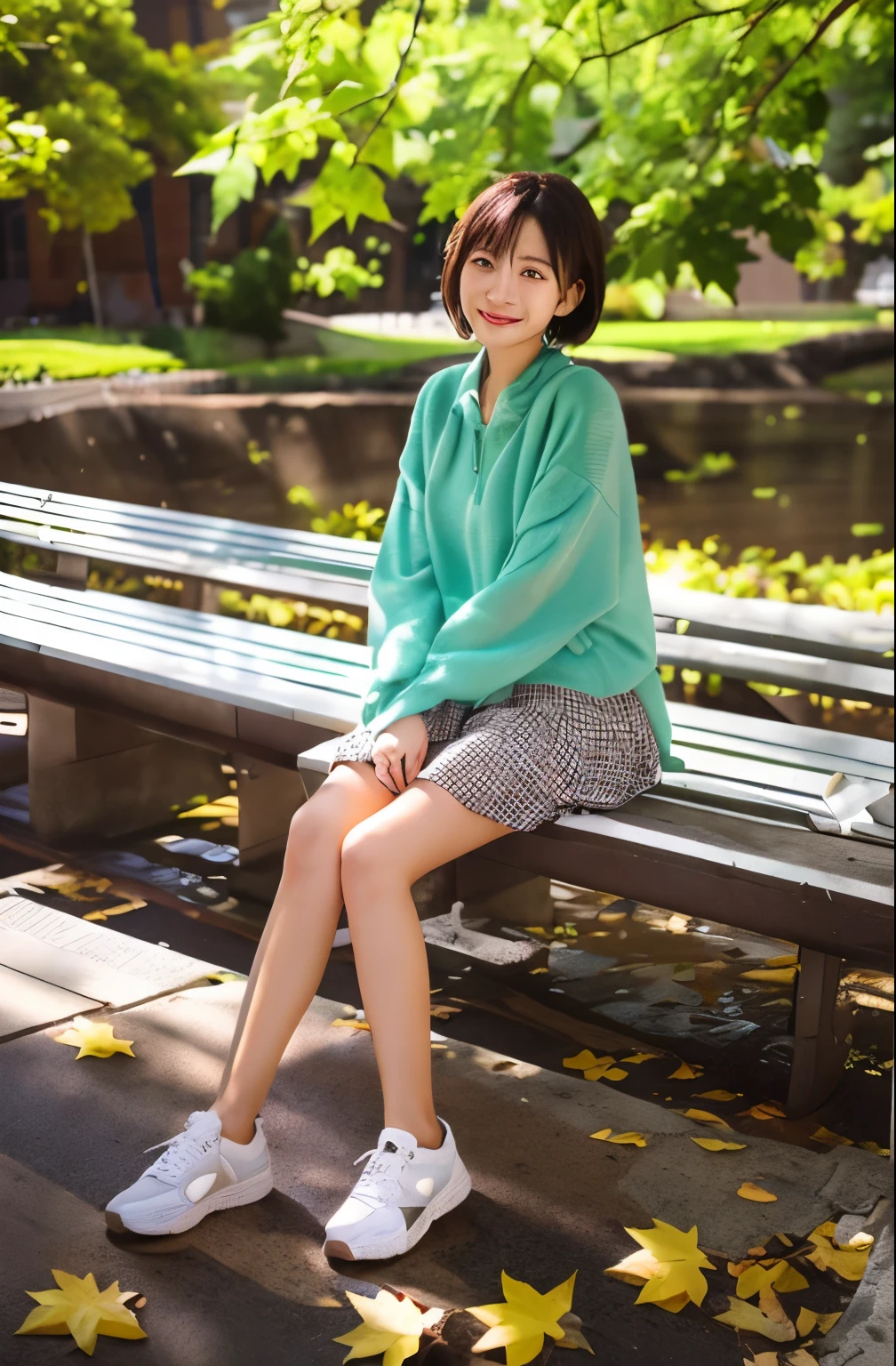 masterpiece, highest quality, super detailed, A neat and beautiful woman sitting on a park bench、knee length skirt、black tights、sneakers、refreshing smile、smiling showing teeth、full body photo、