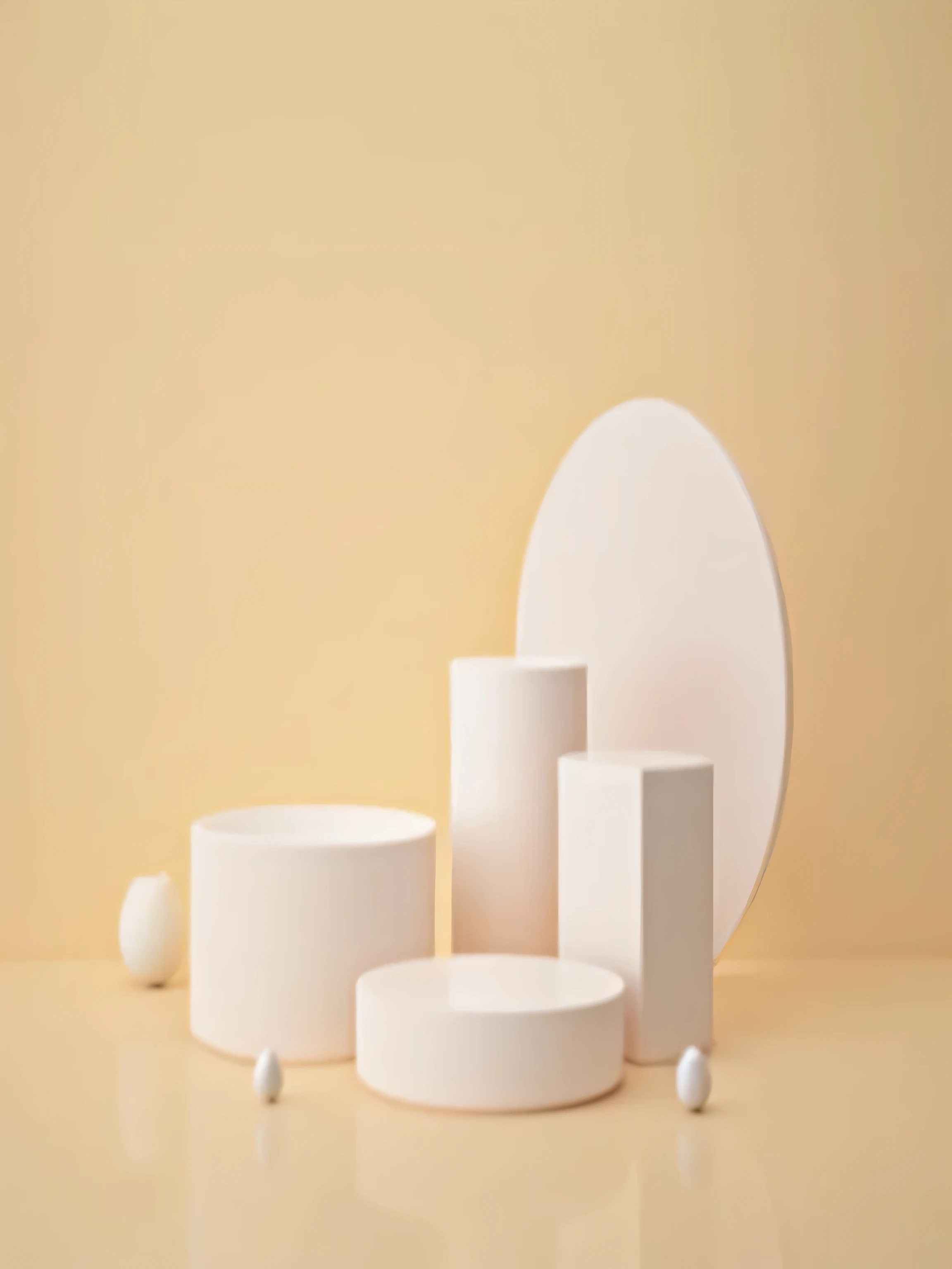 桌子上有三个白色round物体，There are balls on it, round, white ceramic shapes, sleek round, Soft 3D geometric shapes, round形式, round, smooth round, rounded corners, round格式, Accessories, Sculptural, thin porcelain, round底座, by Anita Malfati, pastel tones, round设计, author：Li Quanshuo