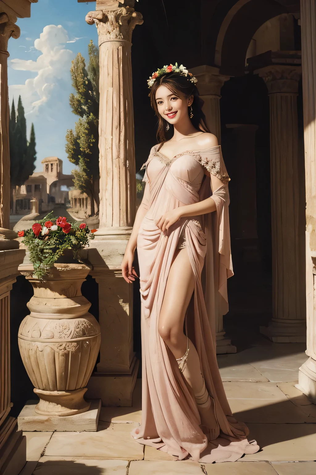 Raffaello Santi painting style,Arguments of two female 、roses in vase、fruits、Cute trinkets、smile、ancient greek costume、Woman standing on ancient Roman ruins ,A big smile