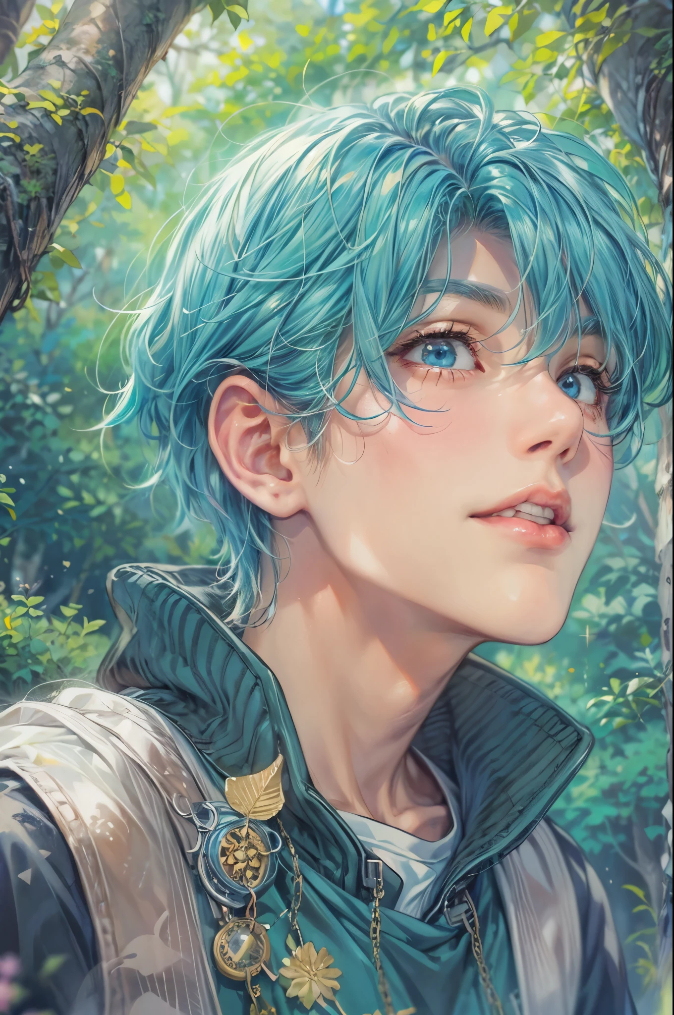 ((Best quality)), ((masterpiece)), (detailed), ((perfect face)), ((halfbody)) handsome face, male, teen boy,  perfect proportions , a character from anime groove adventure Rave, blue hair, male version , hiro mashima art, detailed ghibli forest background, detailed ghibli scenery background 