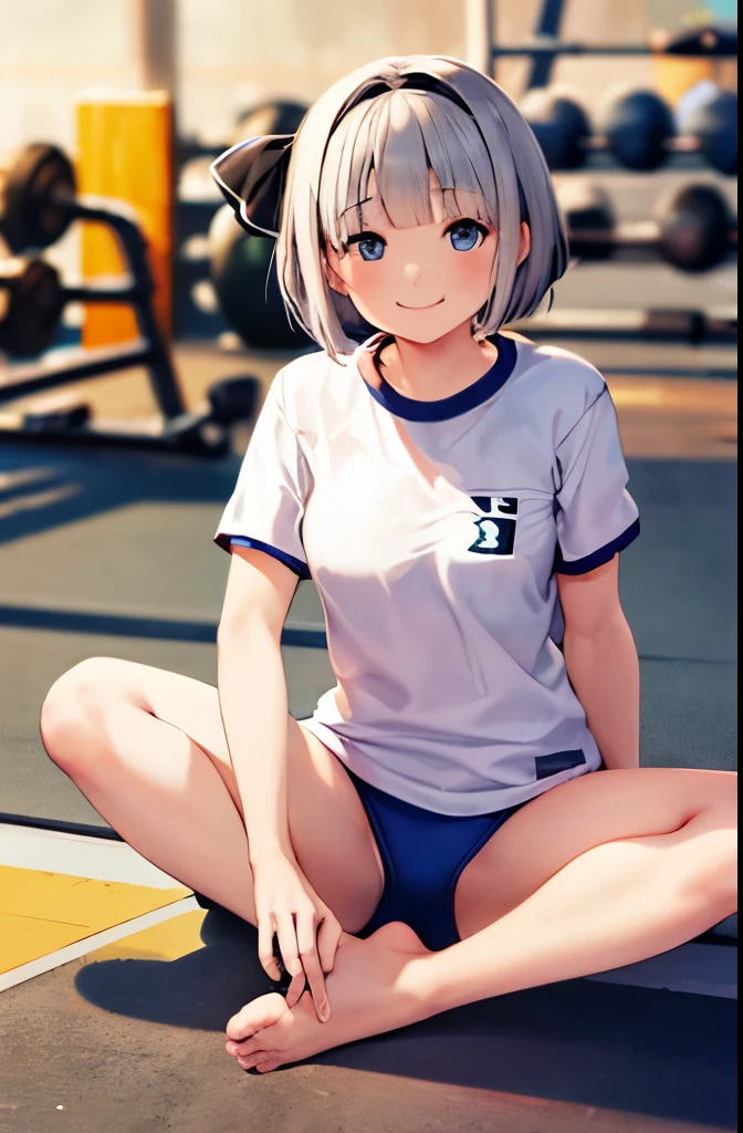 (((((whole body)))))、Youmu, This is a very cute gym uniform 、smile,、Cross-legged、barefoot、