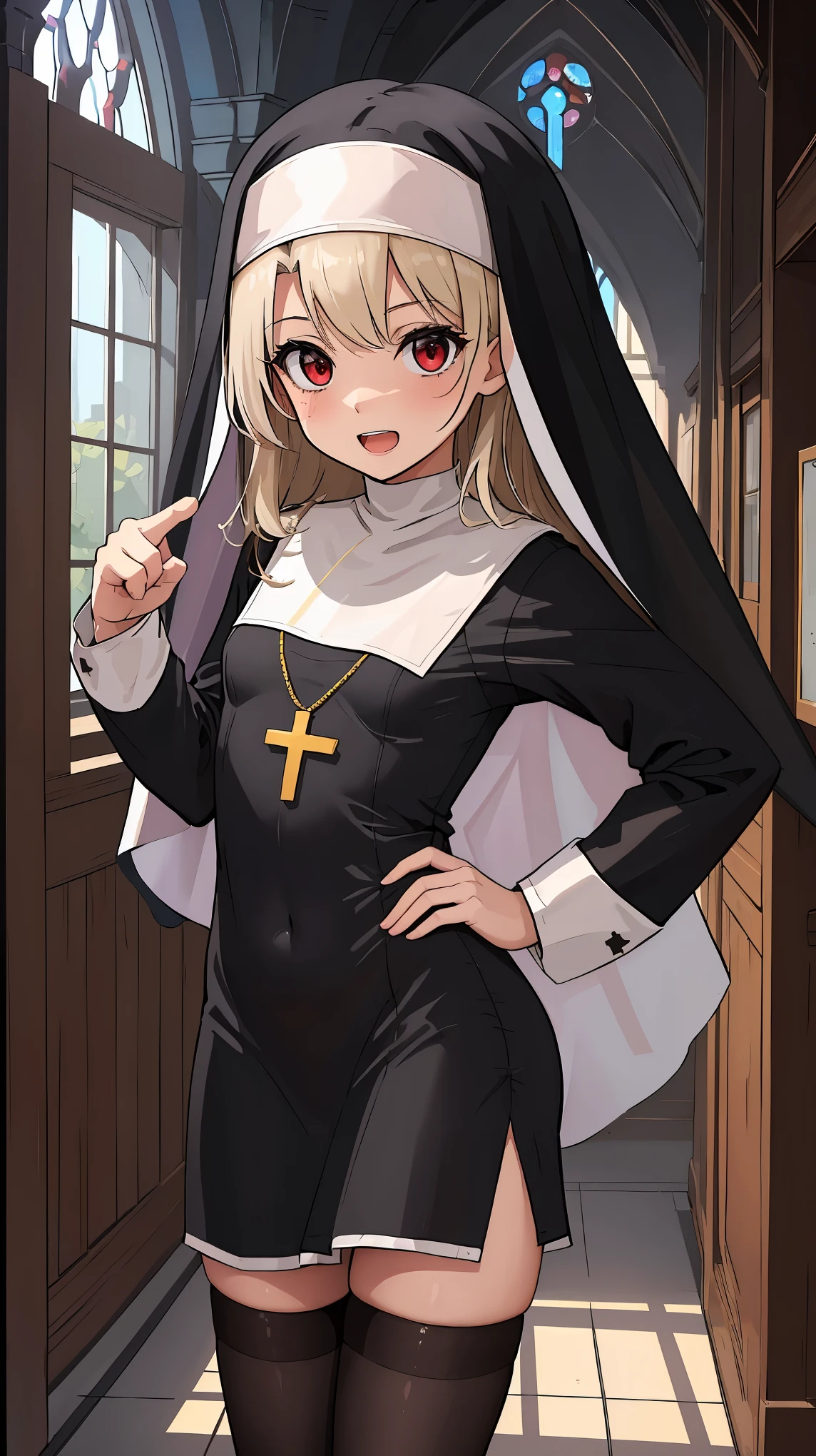 masterpiece, best quality, hyper detailed,(Pointing at you), hand on hip,solo,1girl,(illyasviel von einzbern),****,toddler,petite,cute face,infant,cream hair,red eyes,small breasts,(((happy))),open_mouth,(nun:1.4),white thighhigh,cross necklace,indoor,(cathedral background),