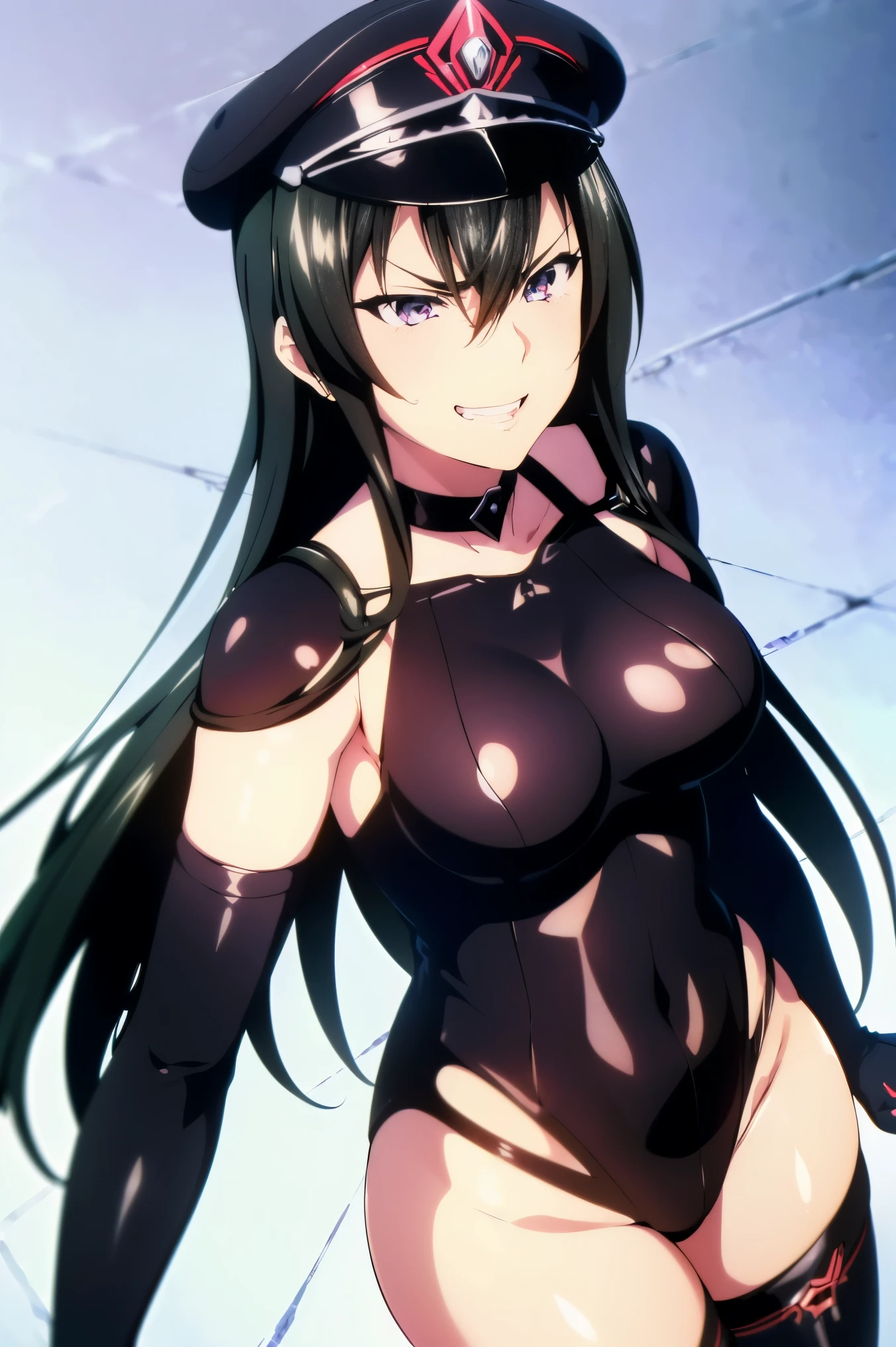 beautiful, masterpiece, ultra detailed, extremely detailed, ultra high res, 8k, beautiful detailed face, anime screencap, heart shaped face woman, (black hair:1.2), long hair, hair between eyes, large breasts, fearless face, sharp face, slant eyes, cat eyes, 170cm tall, adult, perfect proportion, (((black high-leg leotard))), (((dare shoulder))), cleavage, (((thigh boots))), choker, (((military cap))), anime style, ultra detailed beautiful face and eyes, front view, raw phot, incredibly absurdres, Beautiful portrait of cute anime girls, super fine illustration, full-hd, hdr, best aesthetic, distinct, exquisite, masterwork, by famous artist, highers, (((perfect anatomy))), mocking, (((rape face))), (((evil grin))), intense eyes, sadistic, gleaming skin, oil skin, slut face, full-face blush, smirking, mischievous grin, furrowed mouth, both legs, pouty lips, downturned corners, rosy hue, grin widely, cheeky smirk, (((bad-tempered glare))), gloating, crazy smile, scary face, cruel smile, fang, connected teeth,, (((elbow gloves))), (((big connected teeth)), glare, grimace, smirk, (((scowling face))), smile broadly, symmetrical eyes, even eyes, perfect eyes, (((squinting eyes))), deep detailed eyes, shiny clothes, 1girl, solo, smug, smile grimly, (((dimpled smile))), pink eyes, (((upper body shot and standing))), (((laugh))), (((pleasure face))), (((brutality face))), (((scary face))), (((fang))),