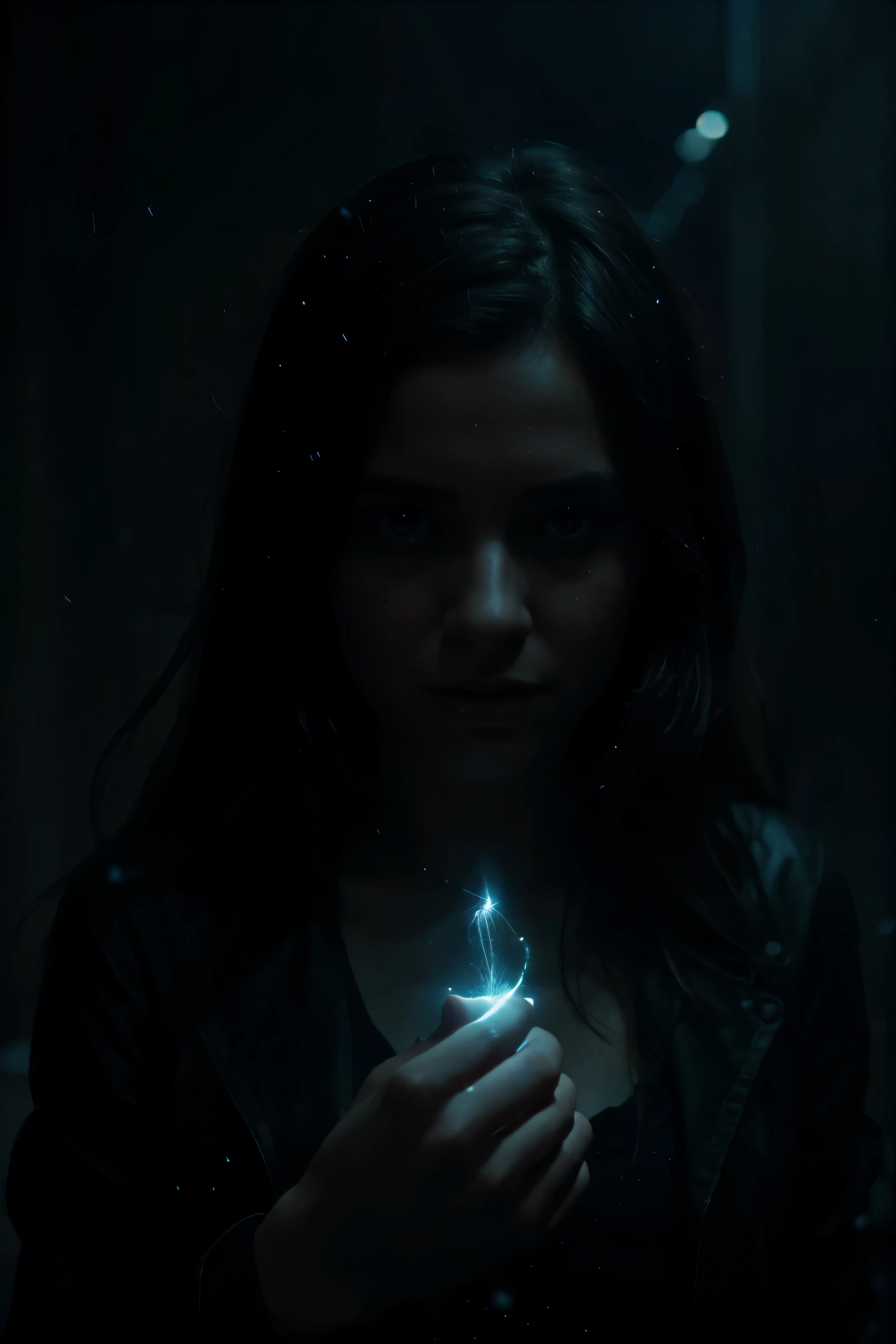 garota, Magia, cinematic, dramatic scene, dark lighting, particles of Magia