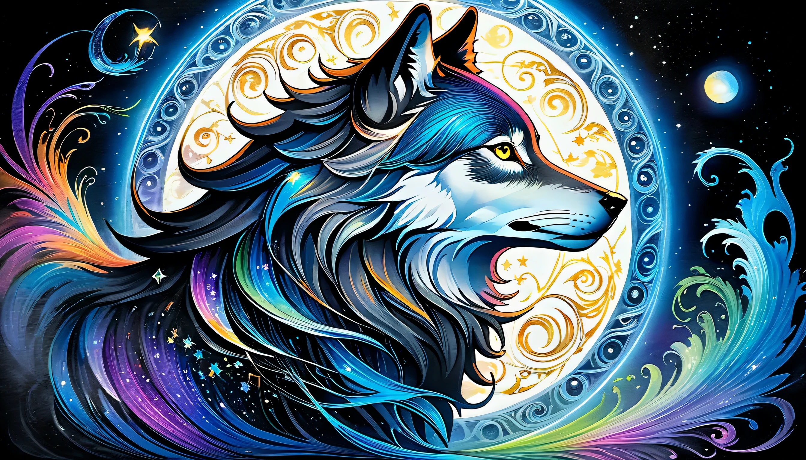 elaborate majestic aura gray-wolf with magic circle illustration, profile like oil-painting, extreme fine detail brush work, intricate detail psychedelic graffiti like, solo cat is seasoned and fearless, slender stunning fine detailed bold, falling star with neuron mist, highest quality, best quality, distinctly contrast, conscientious of draw and painting, beautiful detail glow, 16k, precision like draw, minuteness painting, wide shot, night fantasy style, captured, breathtaking glow skill and precision contrast, highly quality oil painting, stunning beautiful touch rendering, transparent dark fantasy accent, use eternal tone color palette, floating around eternal fantasy like smoke, violently brush work with mingle,