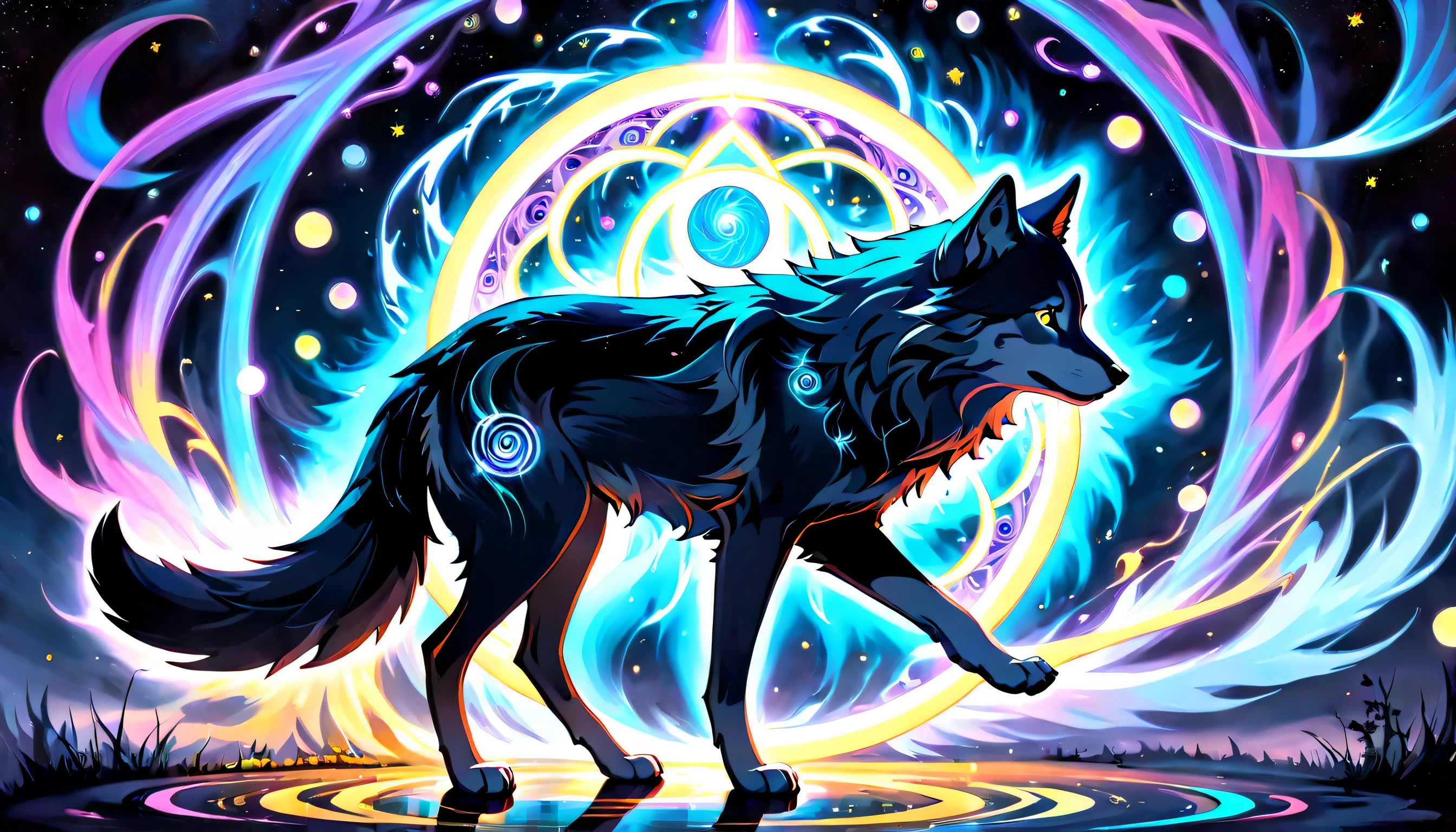 elaborate majestic aura gray-wolf with magic circle illustration, profile like oil-painting, extreme fine detail brush work, intricate detail psychedelic graffiti like, solo cat is seasoned and fearless, slender stunning fine detailed bold, falling star with neuron mist, highest quality, best quality, distinctly contrast, conscientious of draw and painting, beautiful detail glow, 16k, precision like draw, minuteness painting, wide shot, night fantasy style, captured, breathtaking glow skill and precision contrast, highly quality oil painting, stunning beautiful touch rendering, transparent dark fantasy accent, use eternal tone color palette, floating around eternal fantasy like smoke, violently brush work with mingle,