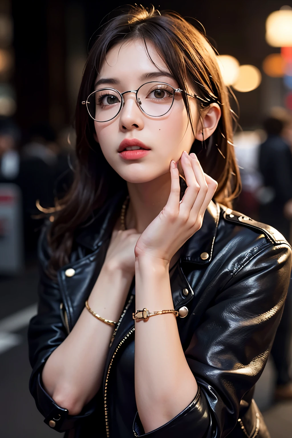 1girl, glasses, leather jacket, Tokyo street,night, cityscape,city lights, upper body,close-up, 8k, RAW photo, best quality, masterpiece,realistic, photo-realistic,