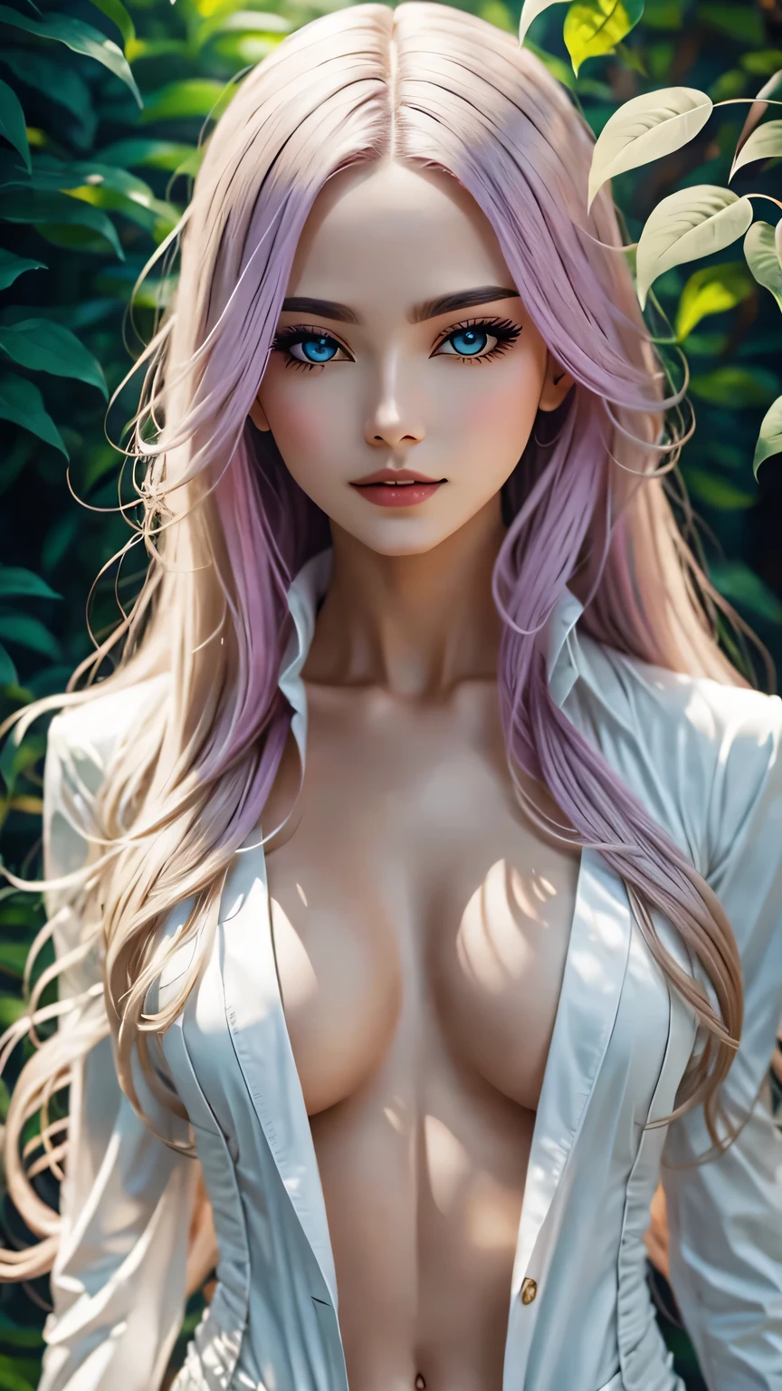 she can tolerate clothes, but no clothes, she will be happier., Artistic medium, bright and vibrant colors, Vibrant lights, lifelike eyes, Exquisite body details, Playful and carefree expression, outdoor environment, summer scent, Lush green plants, Aesthetic atmosphere