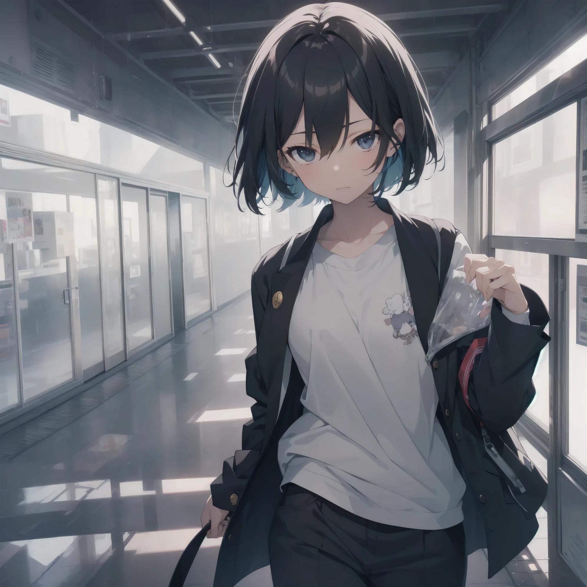 Super absurd quality by the god of art, super detailed, High resolution, anime moe art style, Best Anime 8K Kona-chan Wallpaper, pixiv contest winner, perfect anatomy, break,(眠そうにalone学校へ行く女の子を描いてください. )break,1 girl, (alone,little woman, baby face, 13 years old:1.3),All limbs, full finger,, The charm of an immature body, (very_short hair), Bang, flat chest, small ass, between legs, small black eyes, detailed and beautiful eyes, Well-proportioned iris and pupils, expressive eyes, sleepy eyes, High resolutionの詳細な髪, neck ribbon, shirt, collared shirt, skirt, pleated skirt, school uniform, school bag,(detailed lighting), (detailed background), On the way to school. break,super dense skin, Best cinematic lighting powered by famous artist, 8k, Beauty Illustration,photoshop_(Moderate),Absurd Hi-Res,Hmm,rough skin,break,((artist:shinkai makoto)), artist:Ilya Kuvshinov,artist:kirisawa juuzou,artist:Fujiyama