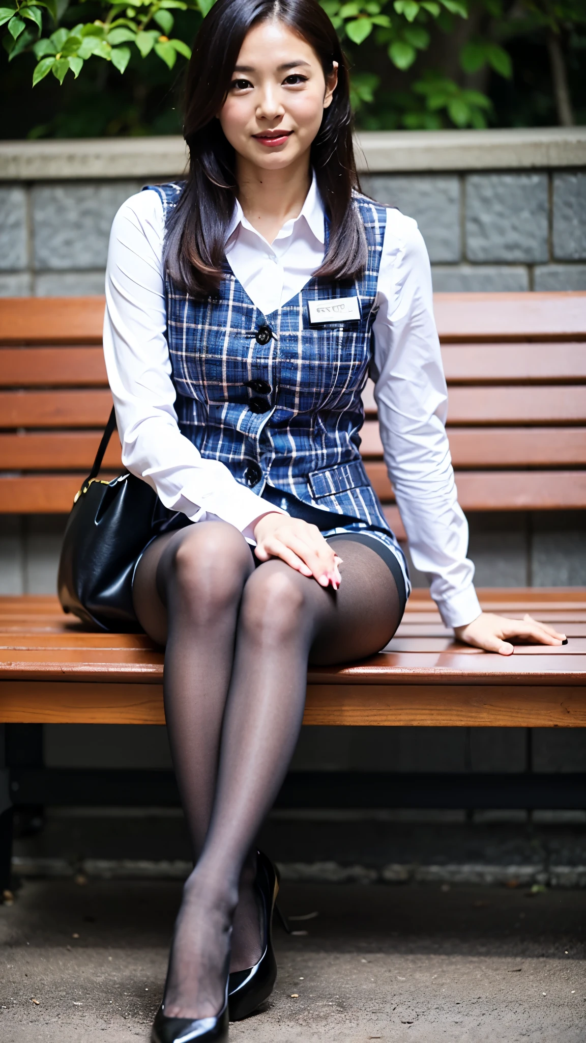 Ulchan-6500-v1.1, (RAW photo:1.2), (Photoreal), (genuine:1.4), 1girl、perfect anatomy、48 years old、medium long hair、plaid vest、((sitting on the bench:1.3))、(super realistic pantyhose:1.2), (high heels)、(business services)、