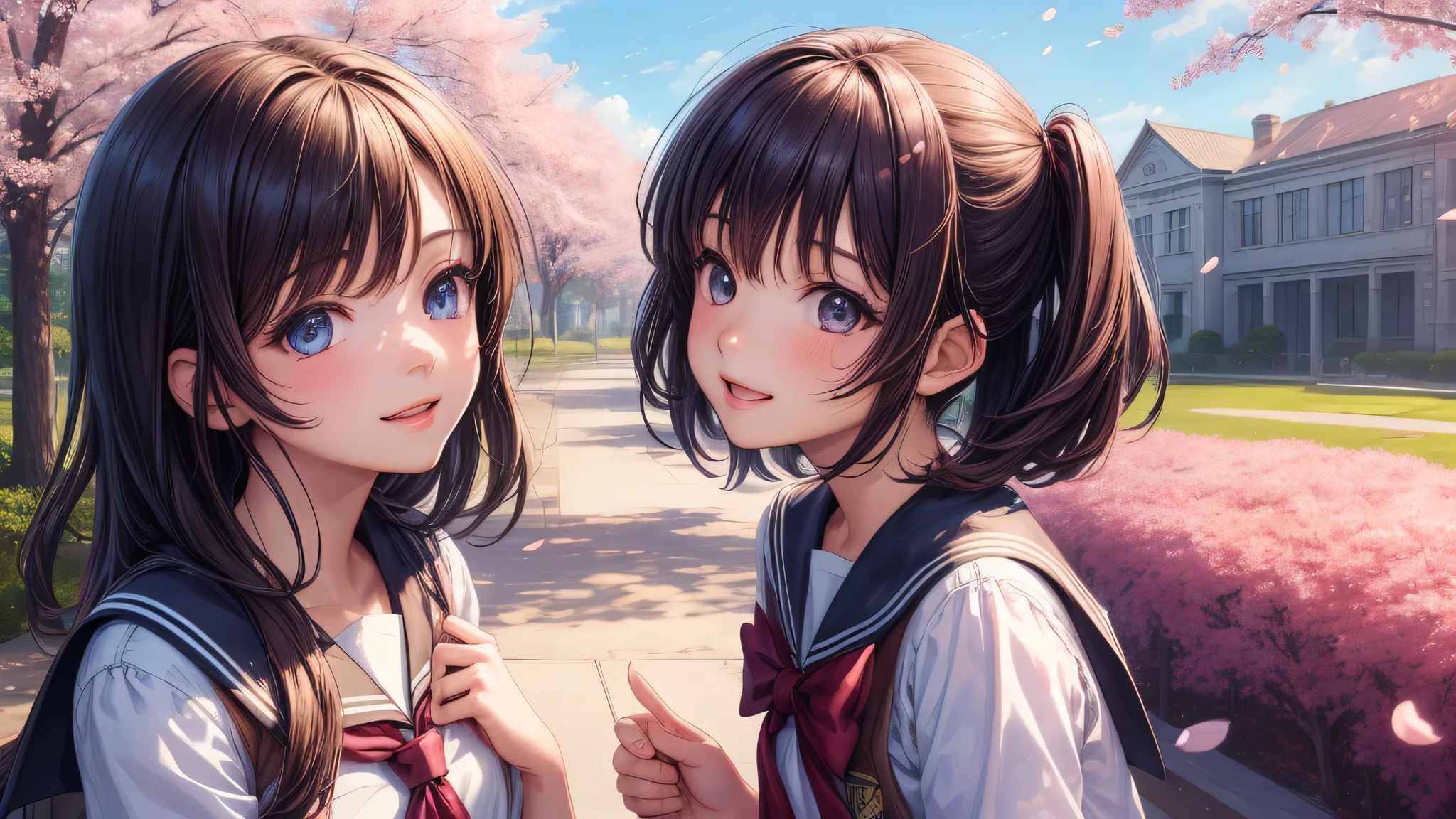 (2 girls:1.2), cute face, shining smile, short bob, (school uniform, mini skirt:1.2), (highest quality: 1.4), (Super detailed), (highest quality:1.4), (super detailed), Day光, cherry blossoms, (School, old School building), outdoors, Sunny, cloud, Day, blue sky, (anime illustration), very high resolution, (Upper body), close up face