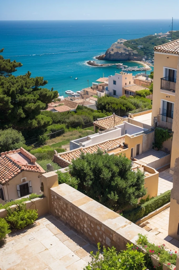 A Mediterranean townscape spreads out in the middle of the clear sea that can be seen from a hill.。