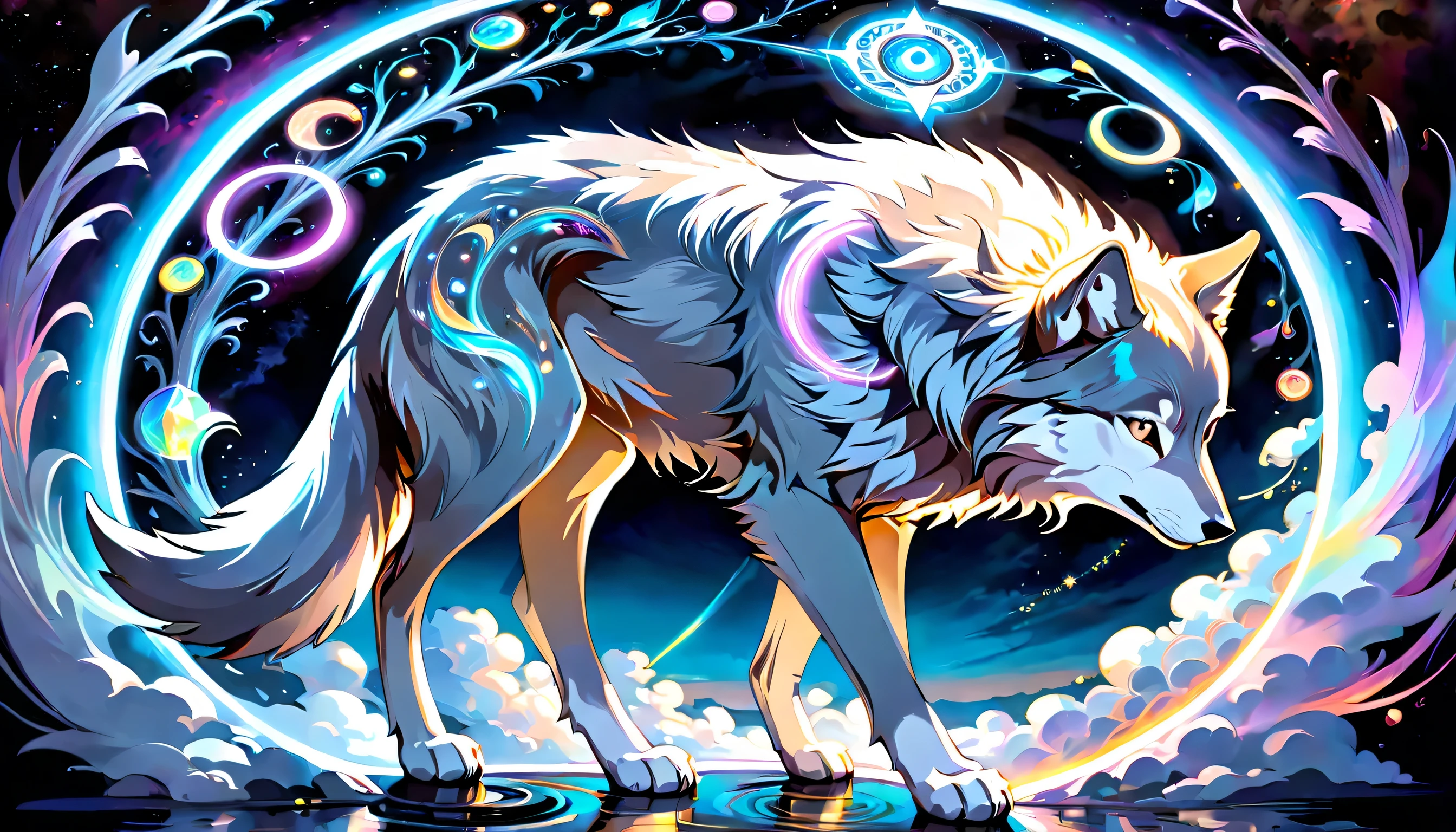 elaborate majestic aura gray-wolf with magic circle illustration, profile like oil-painting, extreme fine detail brush work, intricate detail psychedelic graffiti like, solo cat is seasoned and fearless, slender stunning fine detailed bold, falling star with neuron mist, highest quality, best quality, distinctly contrast, conscientious of draw and painting, beautiful detail glow, 16k, precision like draw, minuteness painting, wide shot, night fantasy style, captured, breathtaking glow skill and precision contrast, highly quality oil painting, stunning beautiful touch rendering, transparent dark fantasy accent, use eternal tone color palette, floating around eternal fantasy like smoke, violently brush work with mingle,