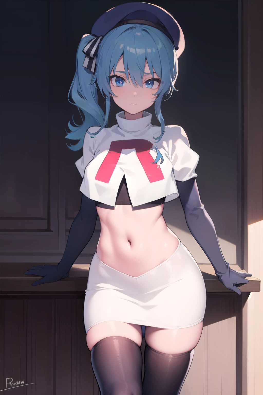 hoshimachisuisei, suisei hoshimachi, blue eyes, blue hair, hair between eyes, medium hair, side ponytail,
BREAK beret, crown, gloves, grey headwear, hat, jacket, jewelry, team rocket,team rocket uniform, red letter R, white skirt,white crop top,black thigh-highs ,black elbow gloves
BREAK looking at viewer,
BREAK (masterpiece:1.2), best quality, high resolution, unity 8k wallpaper, (illustration:0.8), (beautiful detailed eyes:1.6), extremely detailed face, perfect lighting, extremely detailed CG, (perfect hands, perfect anatomy),