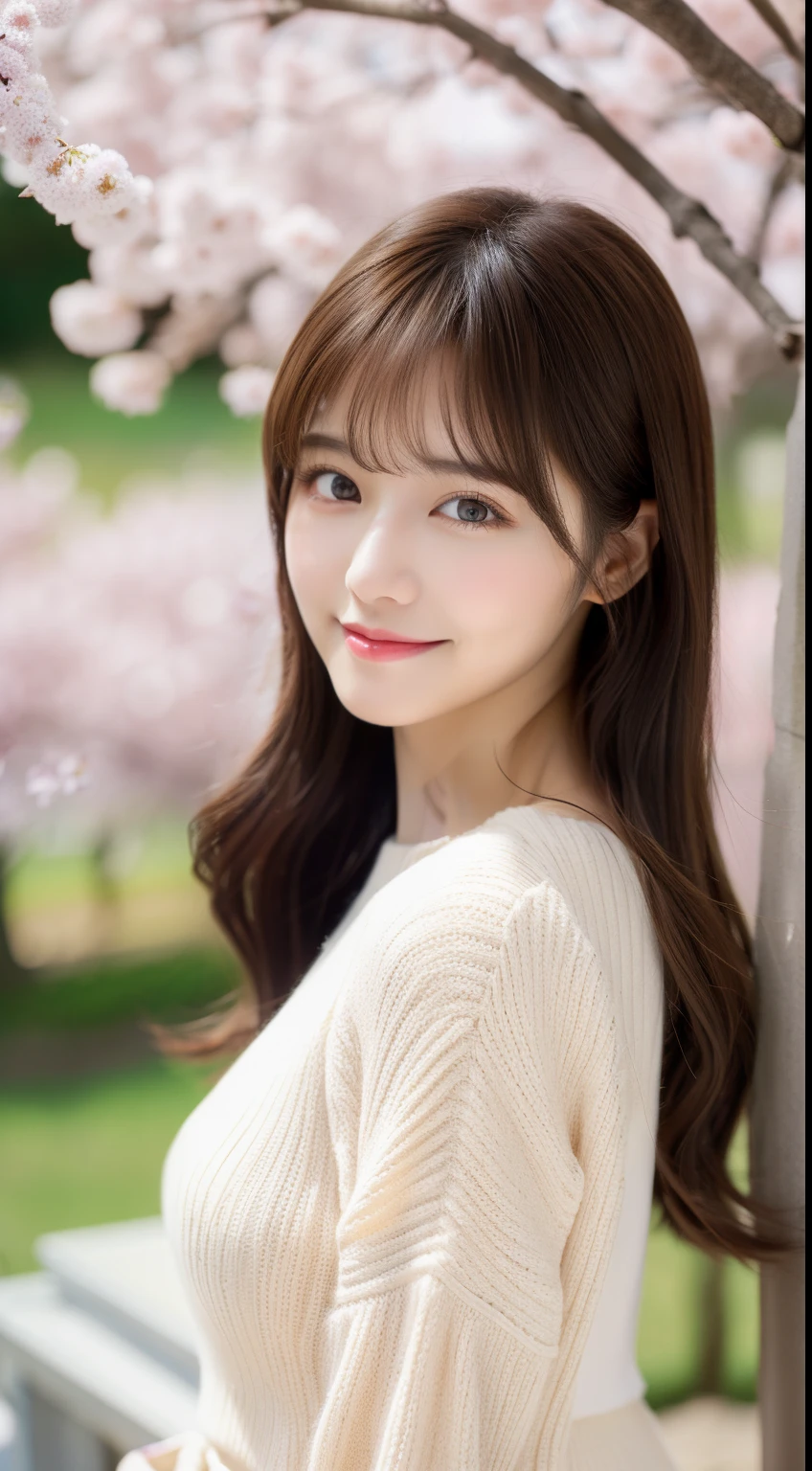 ulzzang-6500-v1.1,(Masterpiece, BestQuality:1.3),(table top:1.3), High resolution, super detailed, very detailed,8k wallpaper, realistic, Photoreal, RAW photo, BREAK Solo、japanese women, 20-year-old、High class,beautiful face,cute, beautiful and detailed face, Open your mouth slightly and smile, detailed eye description, white skin, realistic glitter skin, (brown hair、long hair,detailed hair texture, With bangs),Light makeup, looking at camera,medium breasts, acura, anatomically correct, very detailed顔と肌の質感, natural neck length, wool sweater、tight sweater,fine cloth texture,mini skirt、Cherry blossom trees,Harajuku
