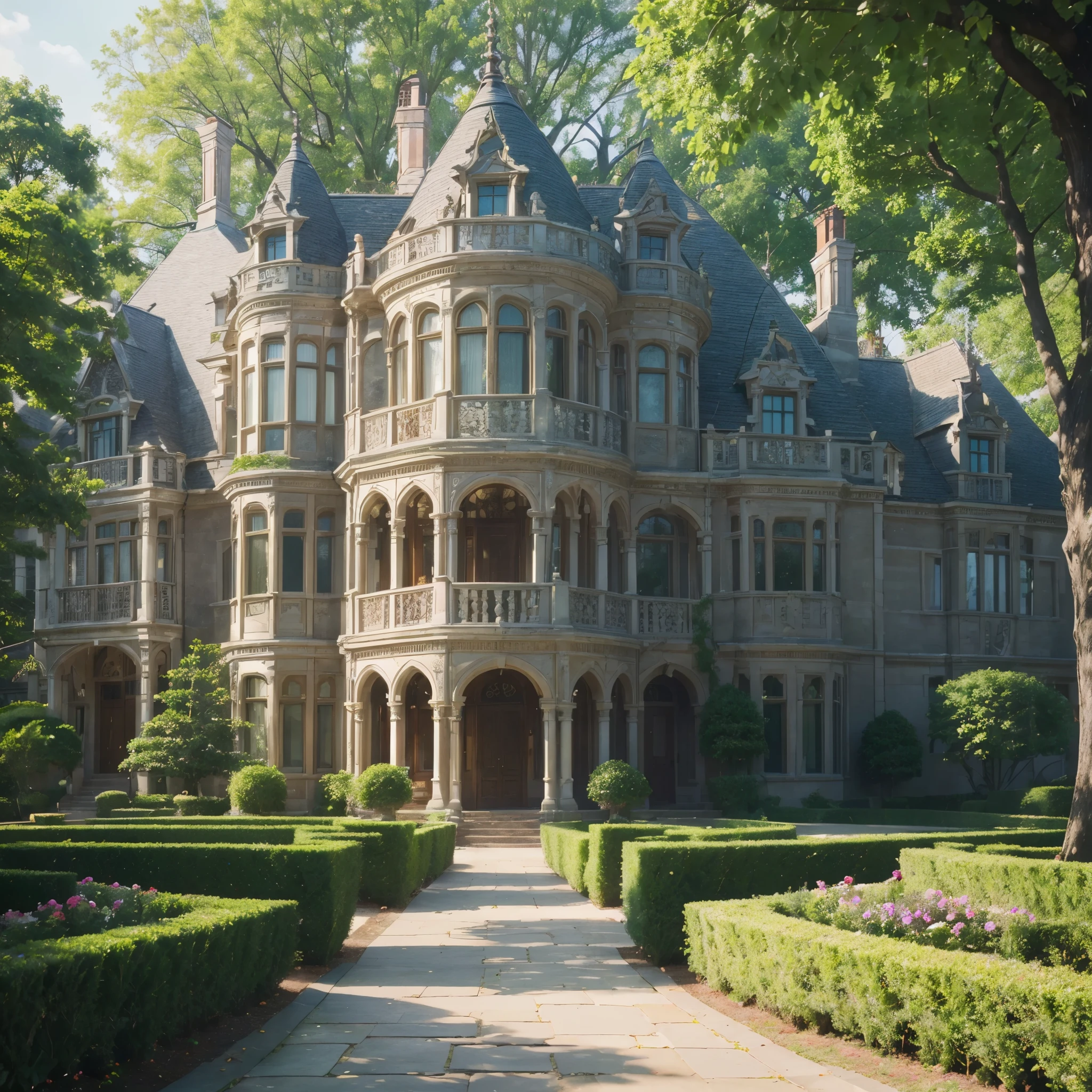 (best quality: 1.37, highres: 1.37, ultra-detailed: 1.37, realistic: 1.37), especially detailed and realistic, depicting a four-story English-style mansion, built with dark, luxurious materials. The mansion is surrounded by a vast, lush, and meticulously maintained garden. The mansion's architectural details are impressively elaborate: intricately carved windows, ornate woodwork, and a stately slate roof. The garden displays vibrant flower beds, neatly trimmed bushes, and a collection of majestic trees, each with its distinct characteristics. The path leading to the m