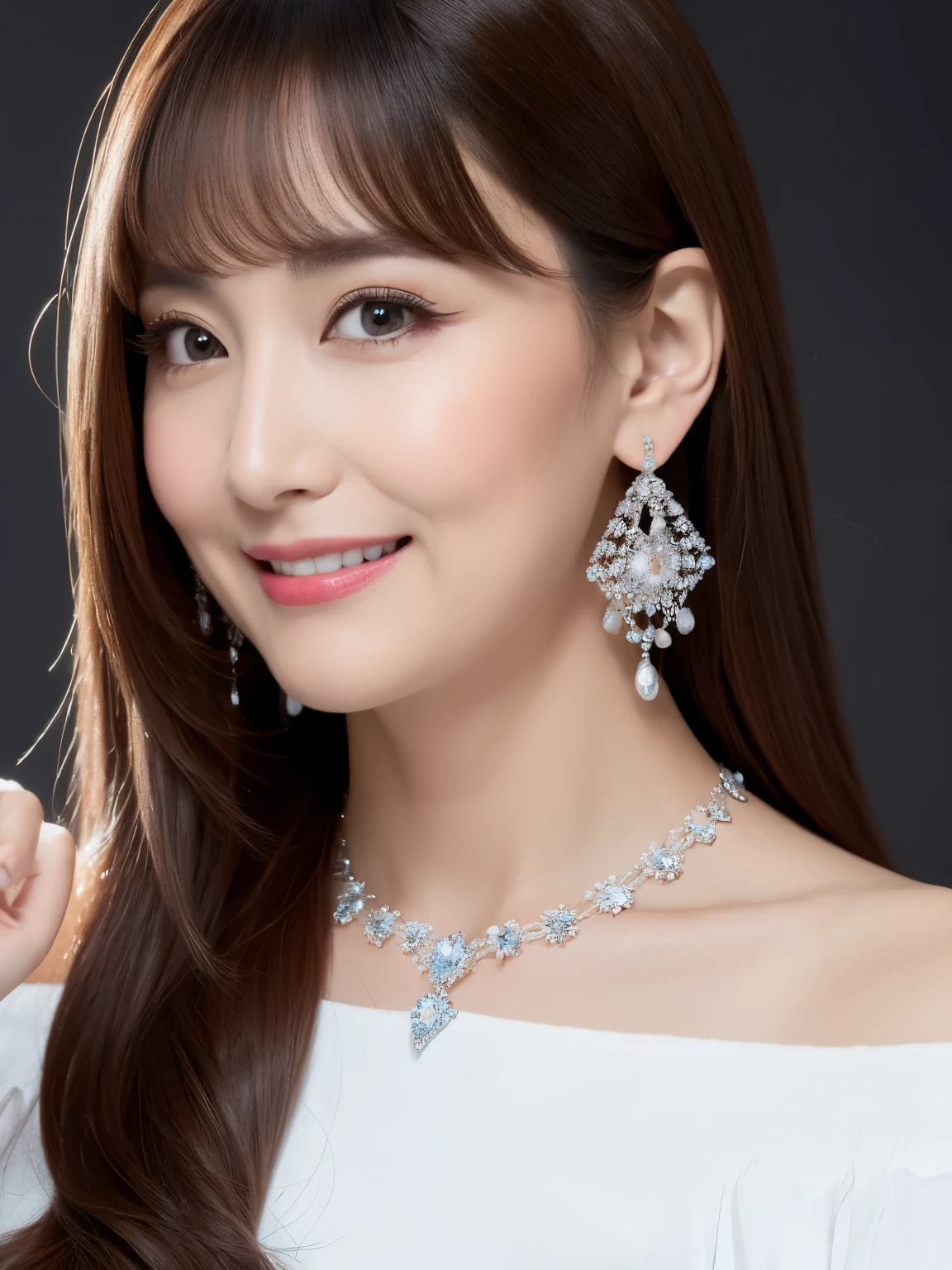 (Solo:1.3),8K, Best quality, Masterpiece, Realistic, Super detail, f/1.2, 85mm, Nikon, Smiling woman with shiny hair, Natural makeup, 50 years old woman, white off-shoulder tops，Ruffled sleeves, Diamond pendant necklace,