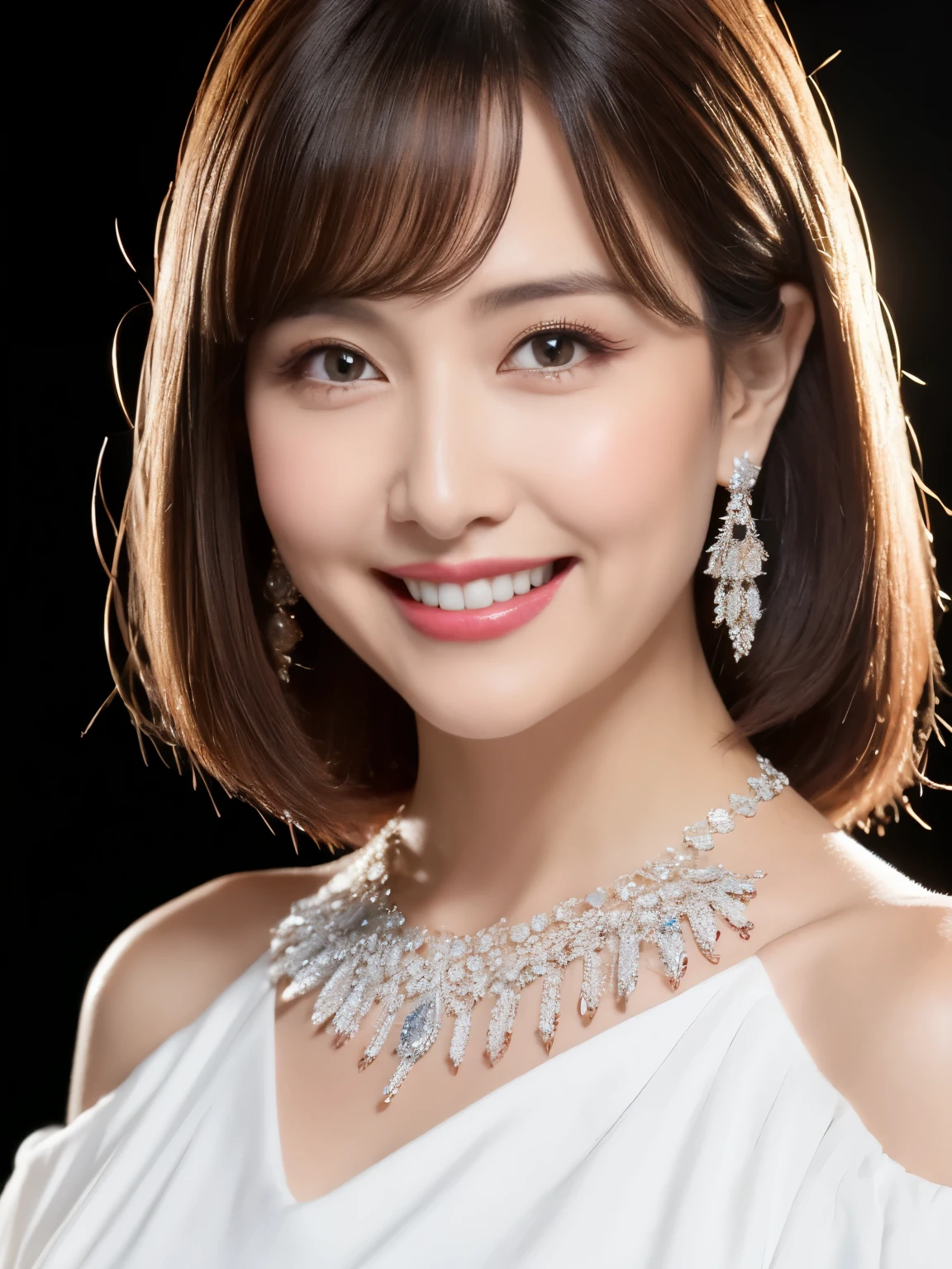 (Solo:1.3),8K, Best quality, Masterpiece, Realistic, Super detail, f/1.2, 85mm, Nikon, Smiling woman with shiny hair, Natural makeup, 50 years old woman, white off-shoulder tops，Ruffled sleeves, Diamond pendant necklace,