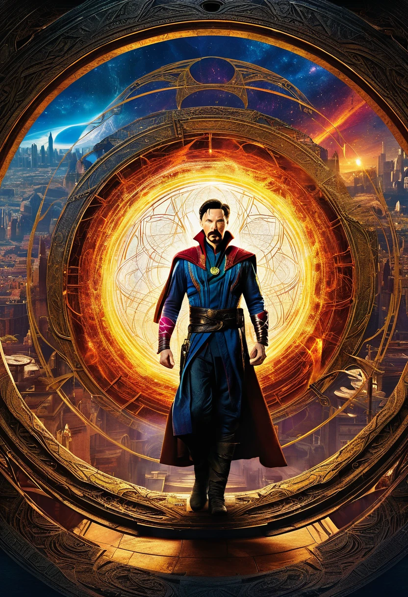 epic movie poster of Dr Strange Marvel, form siteview, opening a gate to another universe, massive magic, while there is a ultra detailed magnificent magic circle, fantasy setting