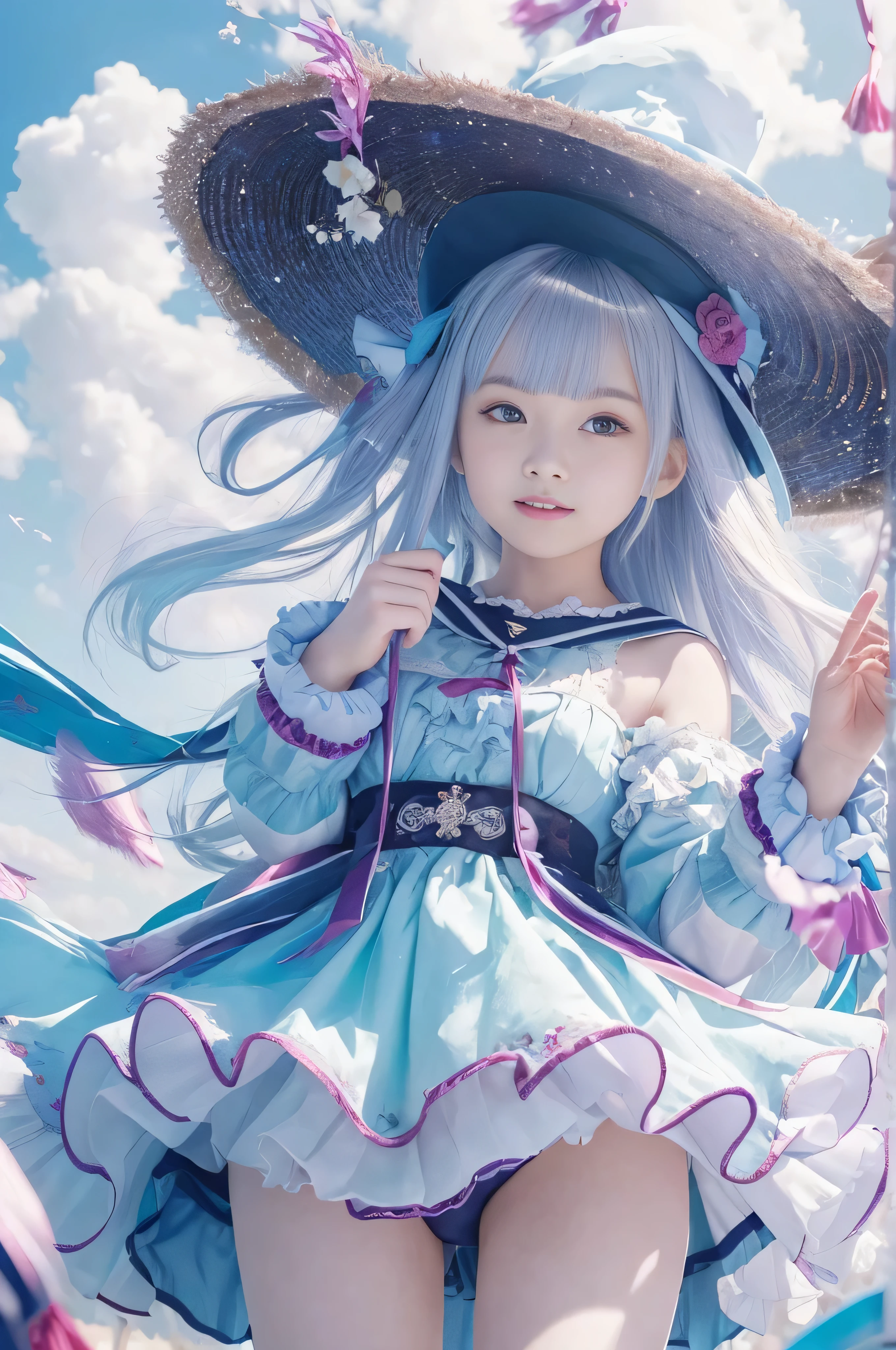 ((RAW image quality:1.4)), 1 girl, 13 years old, Japanese, A woman wearing a blue and white lolita costume、graduation black hat, floating in the sky with magical power, Reflecting the strength of her determination，Because she embodies the power of natural forces in battle.official art, 8k wallpaper, Super detailed, beautiful and aesthetic, beautiful, masterpiece, highest quality，(Please pay attention to your thighs)，cute face，naughty smile, eye details，small bust、delicate body shape、(Wind，outstanding pale straight hair，Floating skirt)，(wonderful bright blue sky:1.4), biologically correct,