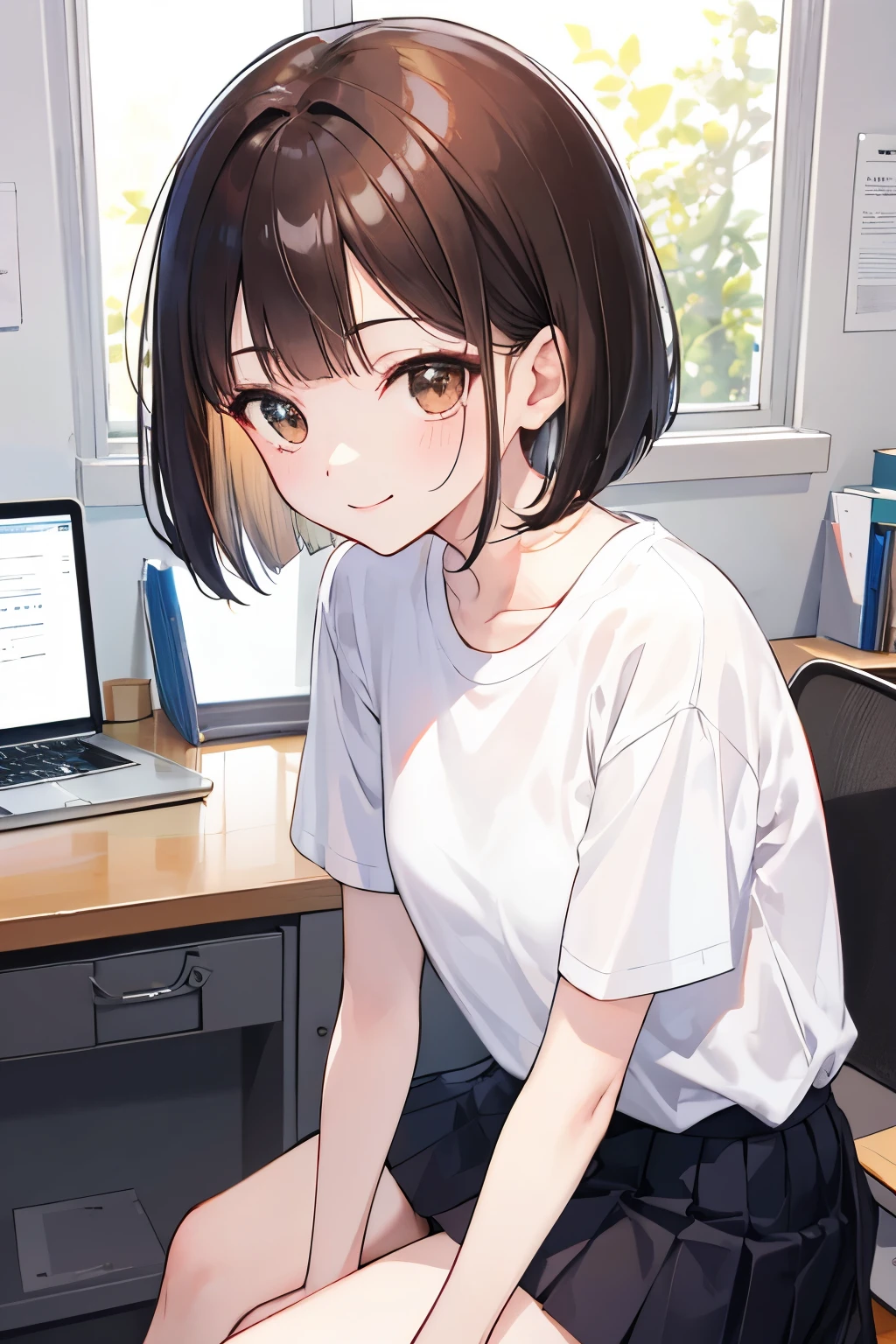 frame in, from right in front of face and body, view straight on, upper body, High quality, very high res, High quality, very high res, cute girl, brown hair, forehead, blunt bangs, bob cut, blush, Brushed up bangs, (wearing a plain t-shirt), upright, pleated skirt, work desk, sitting in a work chair, leaning forward, smile, at office