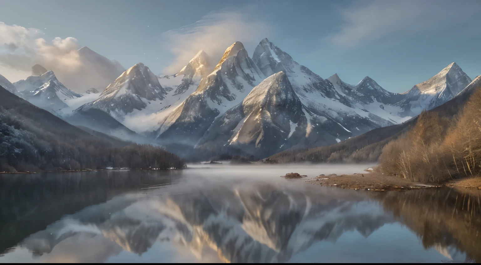 In the tranquil light of dawn, there lies a mystical mountain landscape shrouded in serenity. Majestic peaks rise in the distance, their snow-capped summits glistening in the soft morning light. A gentle mist hovers over a tranquil lake nestled at the foot of the mountains, reflecting their beauty with ethereal grace. This breathtaking scene, captured in a mesmerizing oil painting, captures the essence of untouched natural beauty with unparalleled detail and artistry. Each brushstroke reveals the intricate textures of the landscape, inviting viewers to get lost in its peaceful allure.