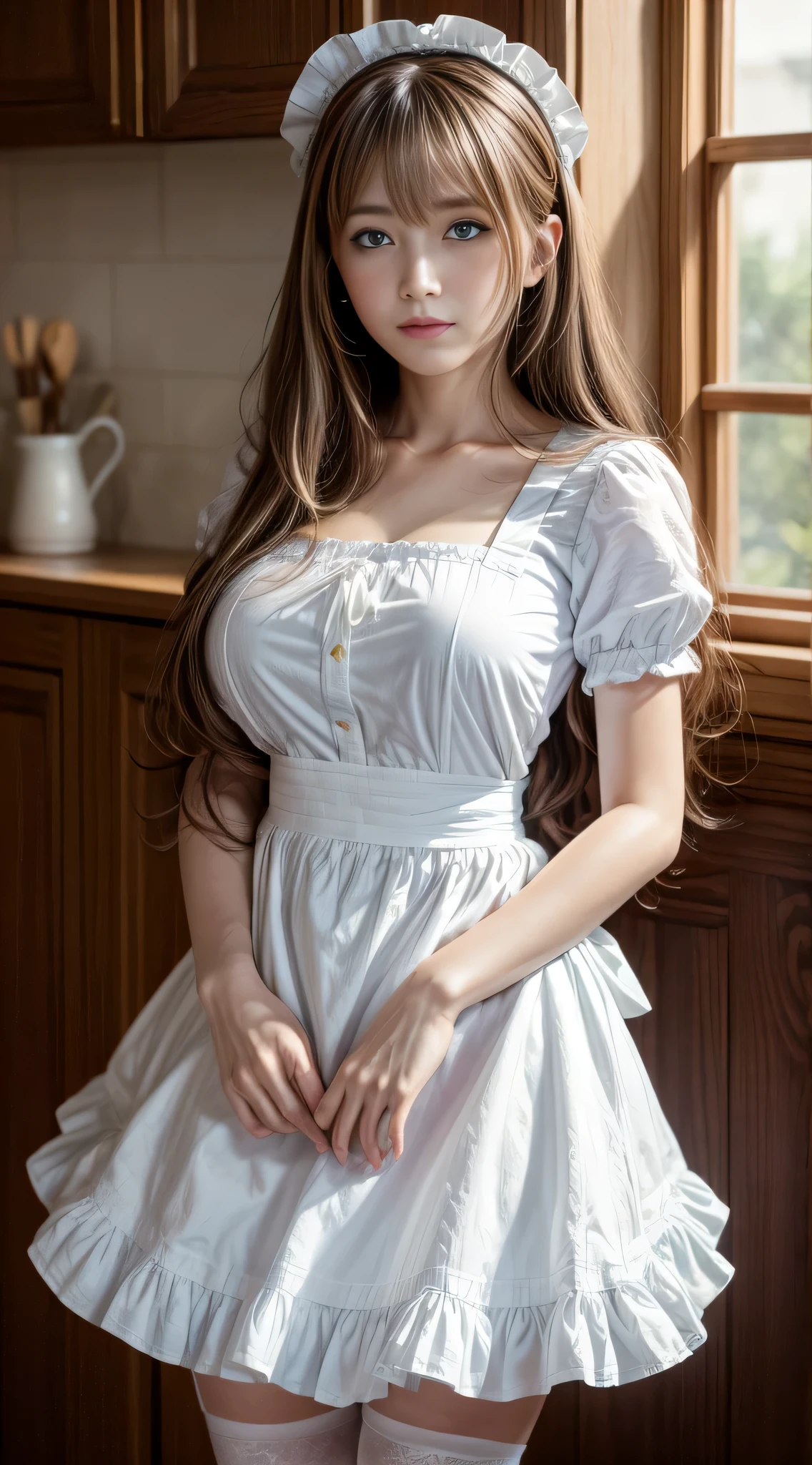 (High resolution), (the most absurd quality), (high quality), (masterpiece), 1 girl, Asuna, blue eyes, long hair, Hello, hair above one eye, very long hair, light brown hair, (big breasts), hair ribbon, maid, maid headdress, apron, frills, frilled apron, plump sleeves, short sleeve, white gloves, white stockings, turn your arms behind your back, looking at the viewer,