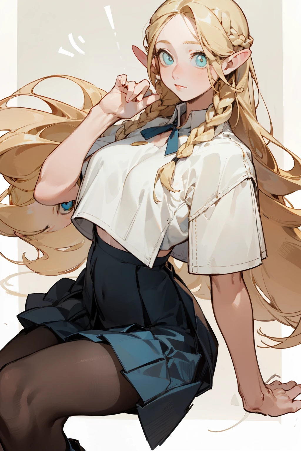 pantyhose,pleated skirt,white top,boots, fashion clothing,long blonde hair, bust and waist,beautiful blonde,(masterpiece),((best quality)),(super detailed),(beautiful eyes beautiful details eyes,Clean and delicate face)