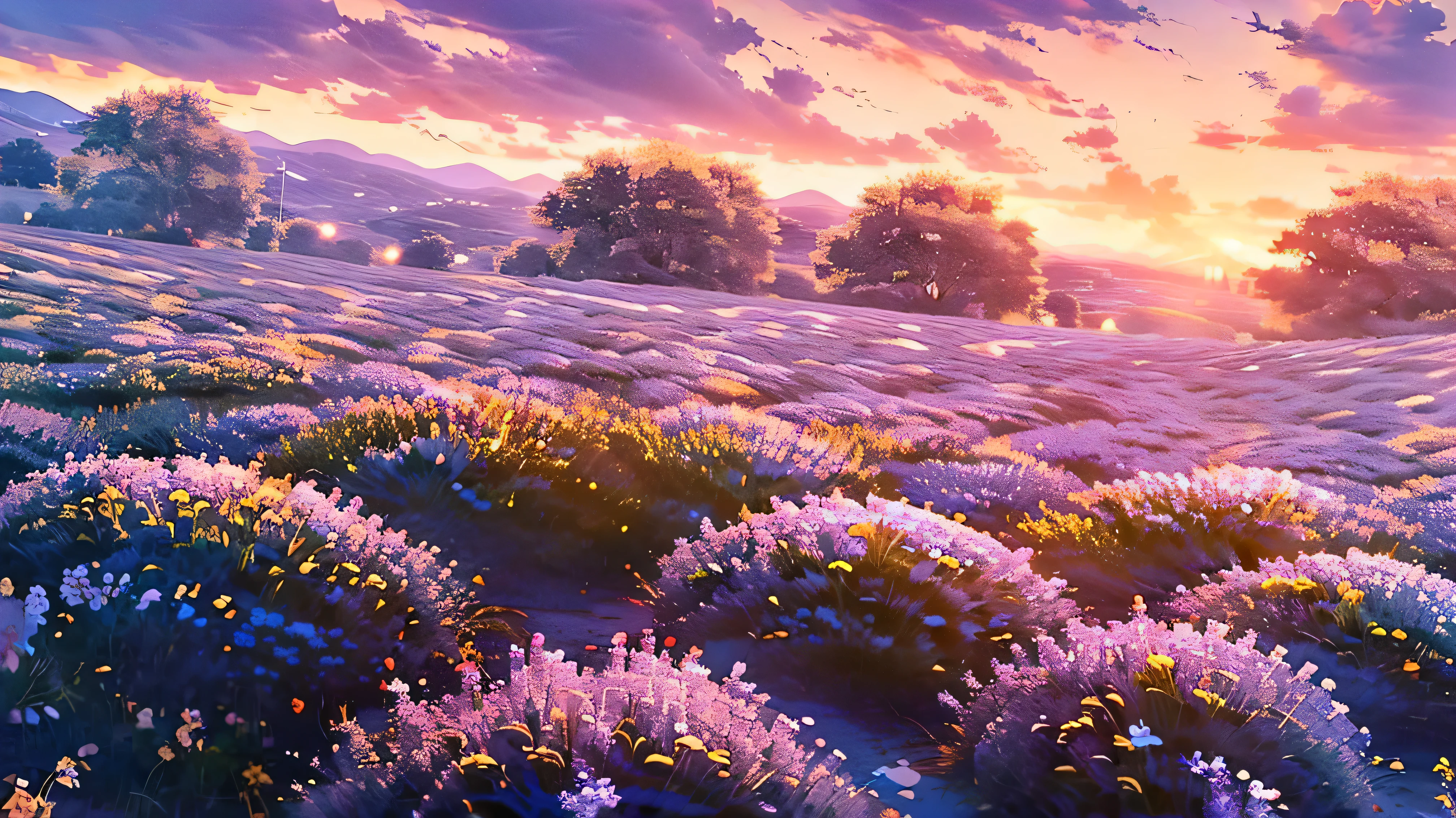 ((Obra maestra, Of the highest quality, Maximum image quality, high resolution, fotorrealista, foto cruda, 8K)), a field of purple flowers with the sunset in the background, really Hermosa naturaleza, Rayos de sol lilas, lavender fields in full bloom, Hermosa naturaleza, cielo violeta, Beautiful purple sky, purple sunset, Atardecer violeta y amarillo, Increiblemente bonito, en un campo de lavanda en francia, at purple sunset, hermoso lugar, Fantasy flower field, purple sun, campo de flores,