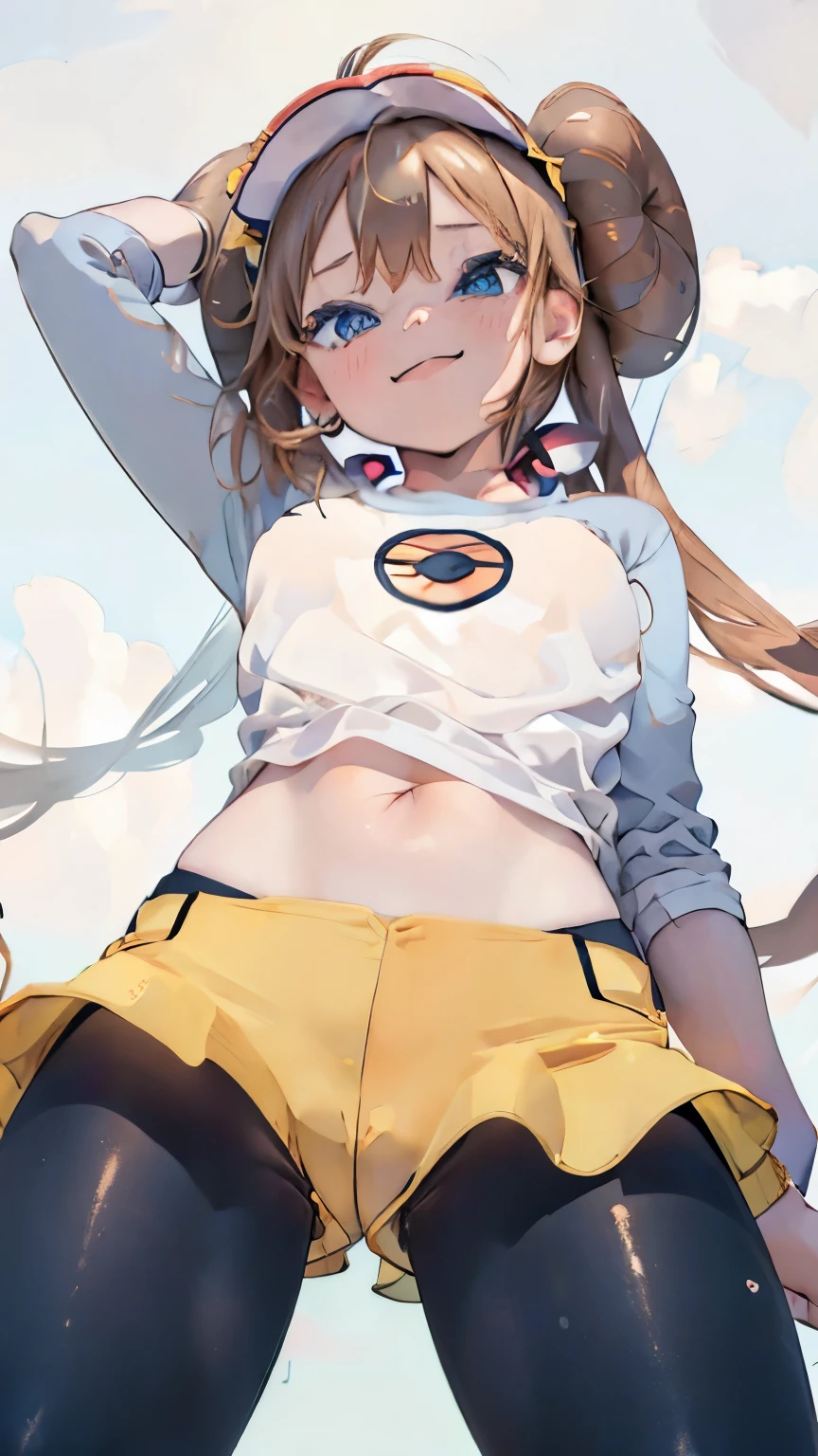 masterpiece, highest quality, High resolution, b1, bun hair,brown hair,  blue eyes, twin tails, visor cap, black pantyhose, raglan sleeves, yellow shorts, shirt, pink ribbon, watch, Are standing, cowboy shot, field, monster Ball \(Basic\), Grinning smile、(rosa_Pokemon)、(((thighsの下からのアングル)))、facesitting、thighonster Ballを手に持っています、(((open your legs)))、