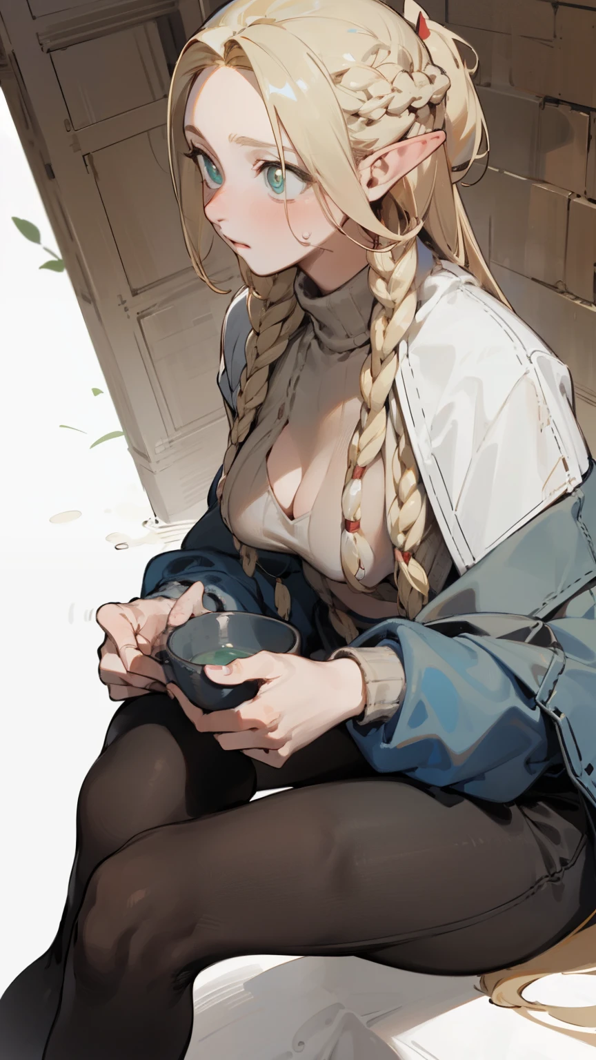 (masterpiece, best quality) detailed, 1character ,  Wearing black tights, silver accessories , blonde ,elegant, pointed ears ,sweater，leaking breasts，开胸sweater