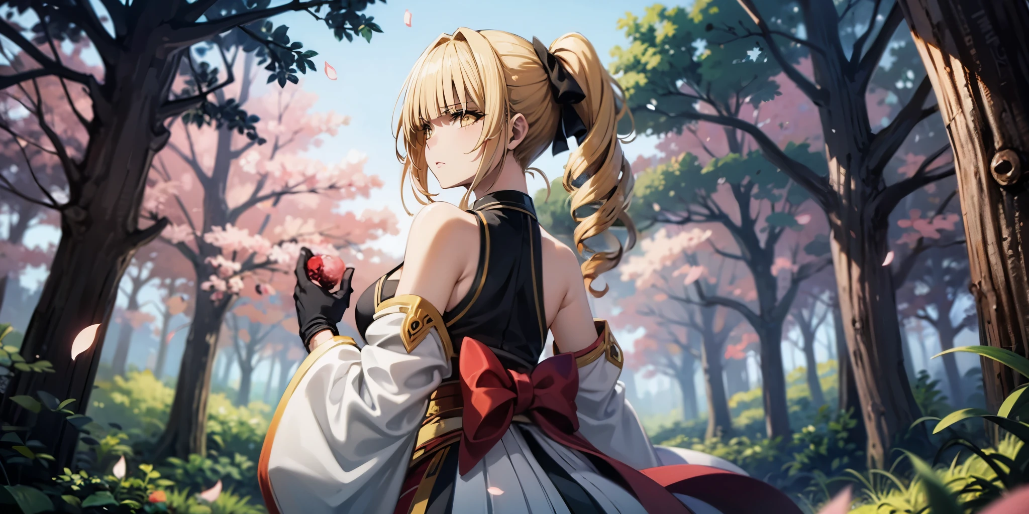 blonde hair, long hair, bow, drill hair, yellow eyes, anatomically correct, (plump:1.2), 1girl, tree, cherry_blossoms, flower, solo, breasts, looking_at_viewer, hair_flower, looking_back, bare_shoulders, detached_sleeves, outdoors, tree_branch, large_breasts, day, petals, gloves, choker, japanese_clothes, wide_sleeves, sky, from_behind, wind, hakama, standing, golden eyes, hollow eyes, lips, sad expression, gloomy expression, glowing eyes, looking back,