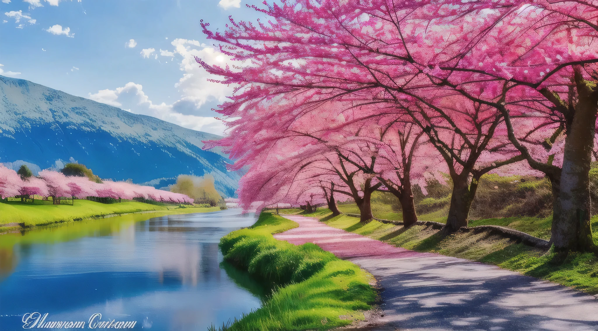 a painting of a river running through a lush green field, blossoming path to heaven, cherry blossom forest, cherry blossom trees, cherry trees, scenic colorful environment, pink trees, nature in all its beauty, cherry blosom trees, really beautiful nature, sakura trees, cherry blossoms in the wind, pink tree beside a large lake, cherry blossom tree, peaceful landscape