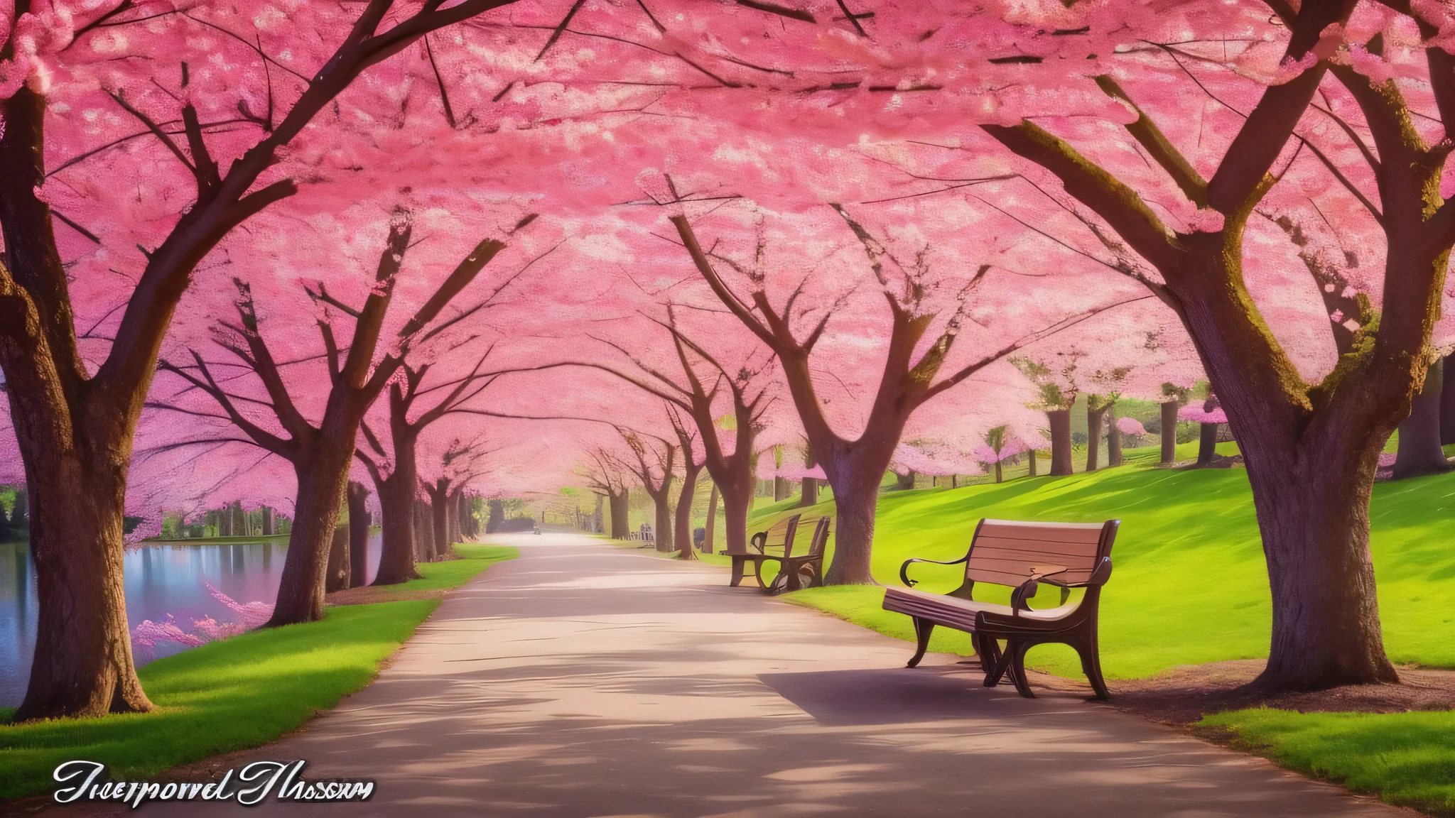 there are many pink trees lining the path of a park, cherry blossom forest, cherry blossom trees, blossoming path to heaven, pink trees, cherry trees, pink forest, cherry blosom trees, sakura trees, detailed trees in bloom, cherry blossom tree, in pink forest, beatiful backgrounds, lush sakura trees, beautiful trees, cherry blossoms, cherry blossom