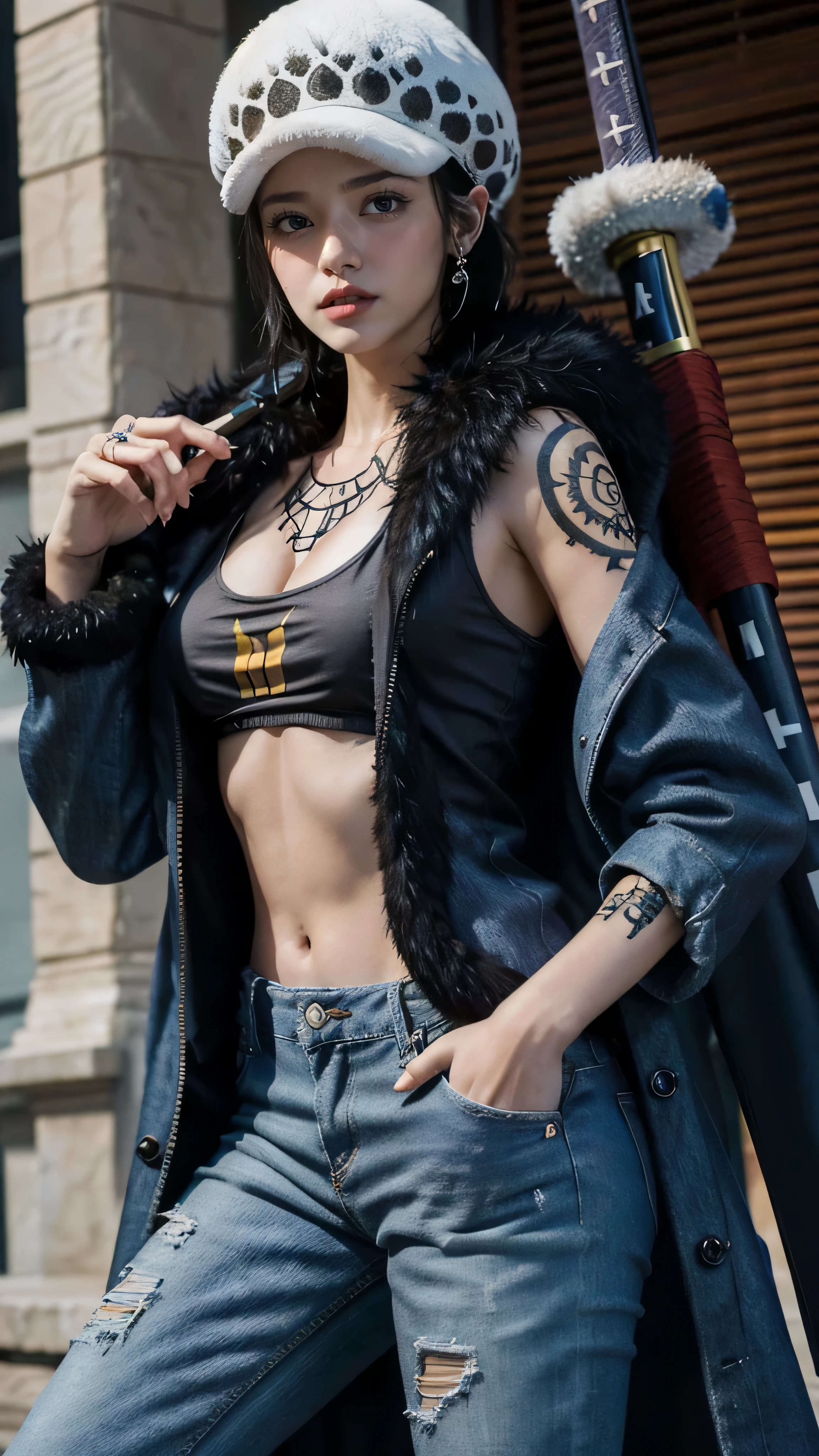 masterpiece, best quality, 8k,highestres, absurdres, extremely detailed, female trafalgar law, 1girl, 1sword, solo, looking at viewer, short hair, medium breasts, hat, navel, cleavage, collarbone, earrings, midriff, pants, coat, fur trim, denim, jeans, shoulder tattoo, hand tattoo, finger tattoo, black fur-trimmed coat, coat on shoulders, yellow tank top,///,