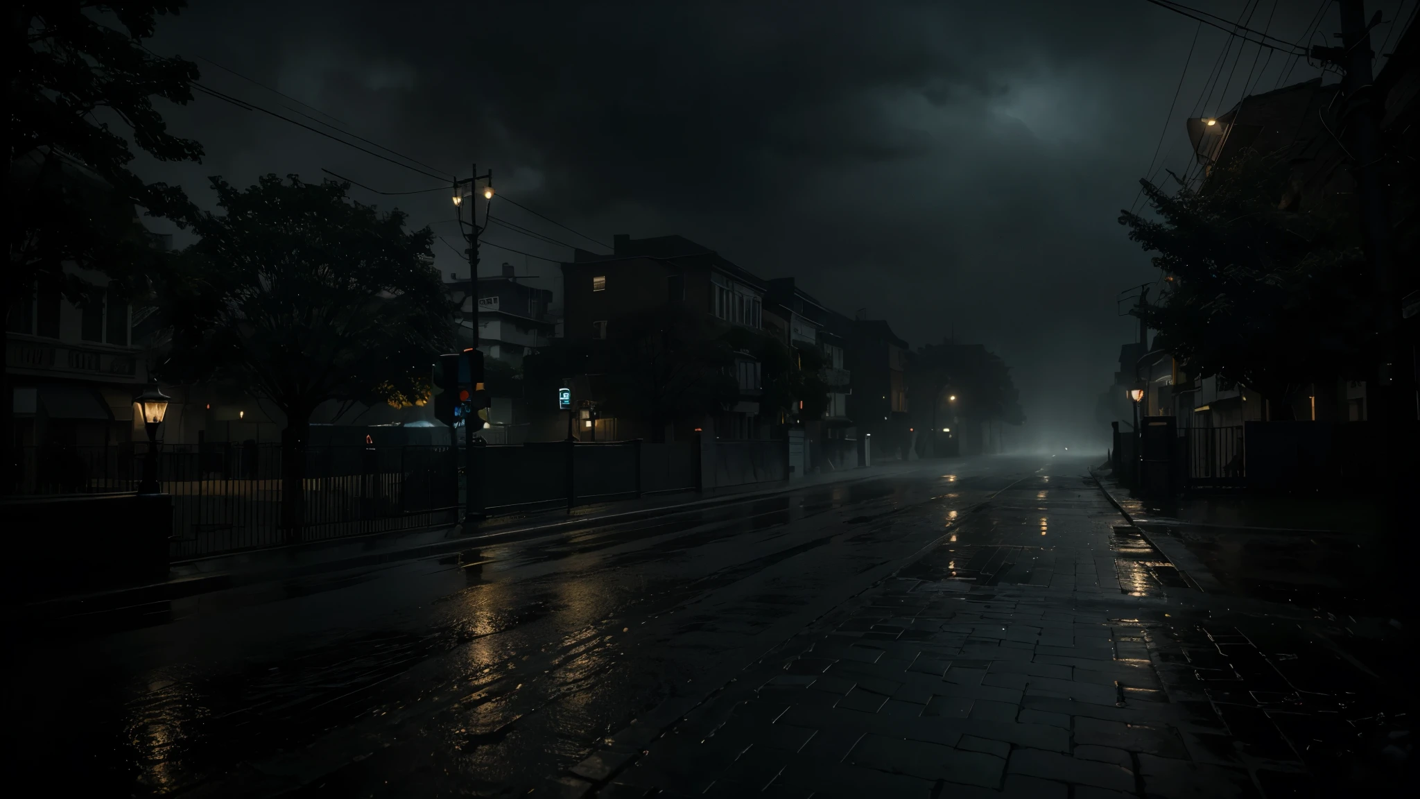 (best quality,4k,8k,highres,masterpiece:1.2),ultra-detailed,realistic:1.37,a street illuminated by a street lamp,glowing softly with a warm light,dark and mysterious atmosphere,gloomy mood,drenched in rain,almost pitch black,ominous shadows,thick fog lingering,ominous creature lurking in the background,silhouette resembling a terrifying dog,sharp, piercing eyes glowing in the darkness,its fur glistening with raindrops,ominous growls echoing in the distance,ancient buildings lining the street,their architecture shrouded in darkness,old, towering trees surrounding the area,their branches reaching towards the sky,dripping with rainwater,a sense of quiet unease fills the air,as if something is about to pounce,the only sound heard is the pitter-patter of raindrops,creating a haunting melody,unveiling the chilling charm of the night,colors muted,bleak tones of gray and blue paint the scene,distant street lights casting long, eerie shadows,creating a sense of foreboding,as if danger is lurking around every corner,intense, cinematic lighting adding depth and drama to the scene,emphasizing the mysterious and sinister ambience.