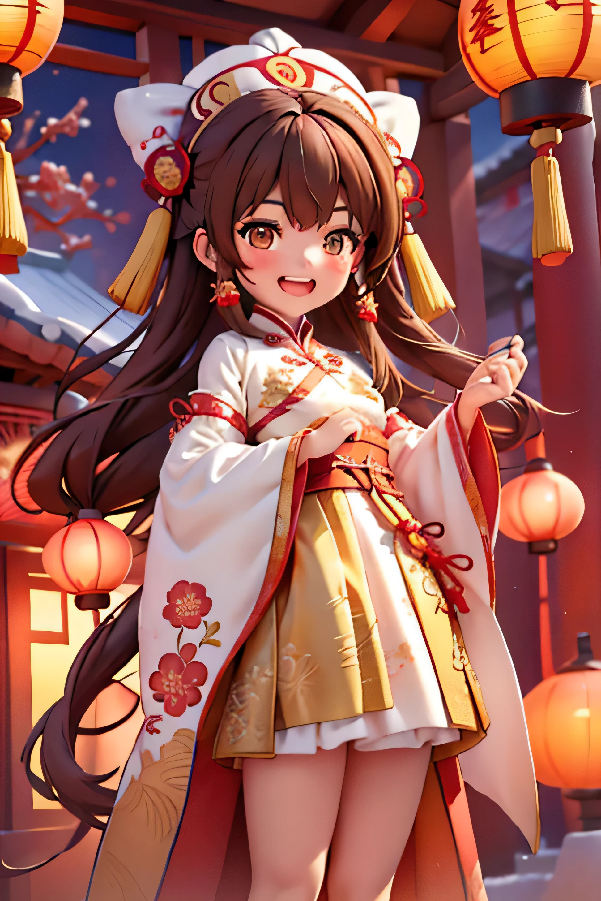 8k,original photo,(masterpiece:1.2),alone,super detailed,Very detailed cg 8k wallpaper,incubation (texture),CNY,1 girl,alone,Wear traditional Chinese clothing to welcome the winter solstice festival, long hair,looking at the audience,blush,Smile,open mouth,simple background,brown hair,hair accessories,Hanfu，long sleeves,skirt,double tail,brown eyes,raise your hand,low double tail,Chinese clothes,red background,Big red lanterns hung high，Holding Ruyi jewelry in hand，