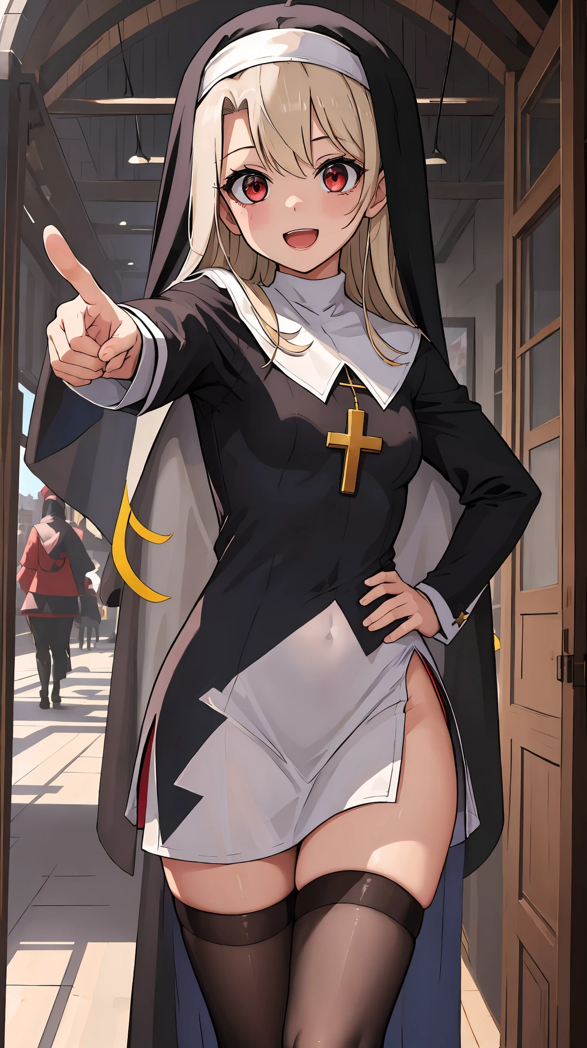 masterpiece, best quality, hyper detailed,((Pointing at you)) hand on hip,solo,1girl,(illyasviel von einzbern),li,toler,peticute face,infant,cream hair,red eyes,small breasts,(((happy))),open_mouth,(nun:1.4),white thighhigh,cross necklace,indoor,(cathedral background),