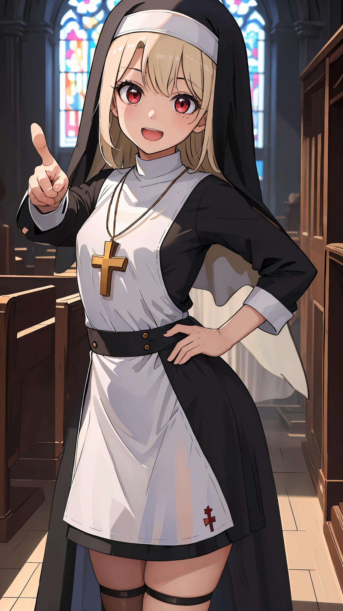 masterpiece, best quality, hyper detailed,((Pointing at you)) hand on hip,solo,1girl,(illyasviel von einzbern),loli,toddler,petite,cute face,infant,cream hair,red eyes,small breasts,(((happy))),open_mouth,(nun:1.4),white thighhigh,cross necklace,indoor,(cathedral background),