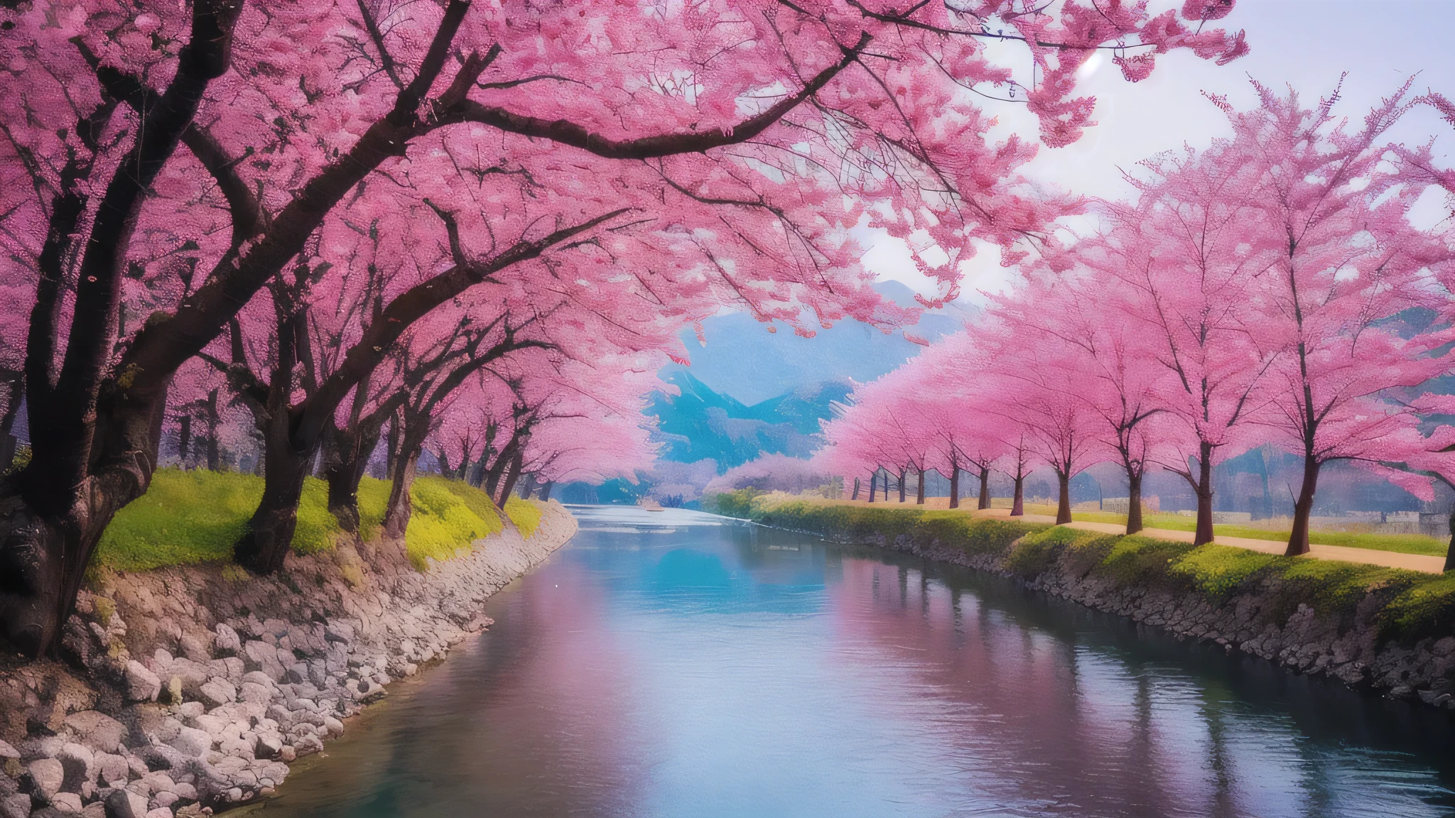 a river with pink trees lining the sides of it, cherry blossom trees, sakura trees, cherry blossom forest, lush sakura trees, cherry blosom trees, beautiful nature, really beautiful nature, beatiful backgrounds, cherry trees, pink trees, cherry blossom tree, cherry-blossom-tree, pink tree beside a large lake, nature wallpaper, cherry blossom, beautiful wallpaper