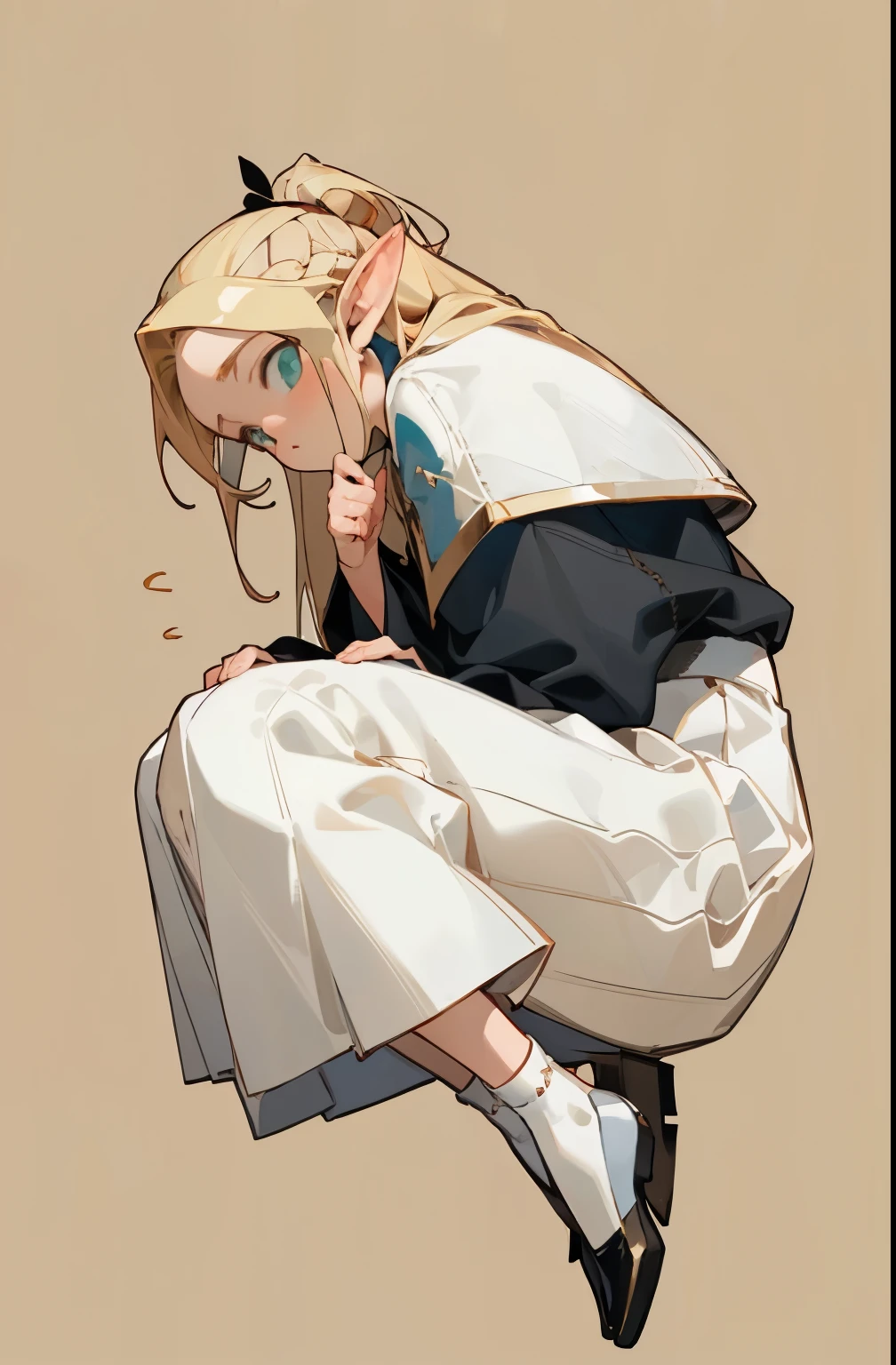 (masterpiece, best quality) detailed, black socks, silver accessories , blonde ,elegant,  pointed ears ，white skirt，warm color