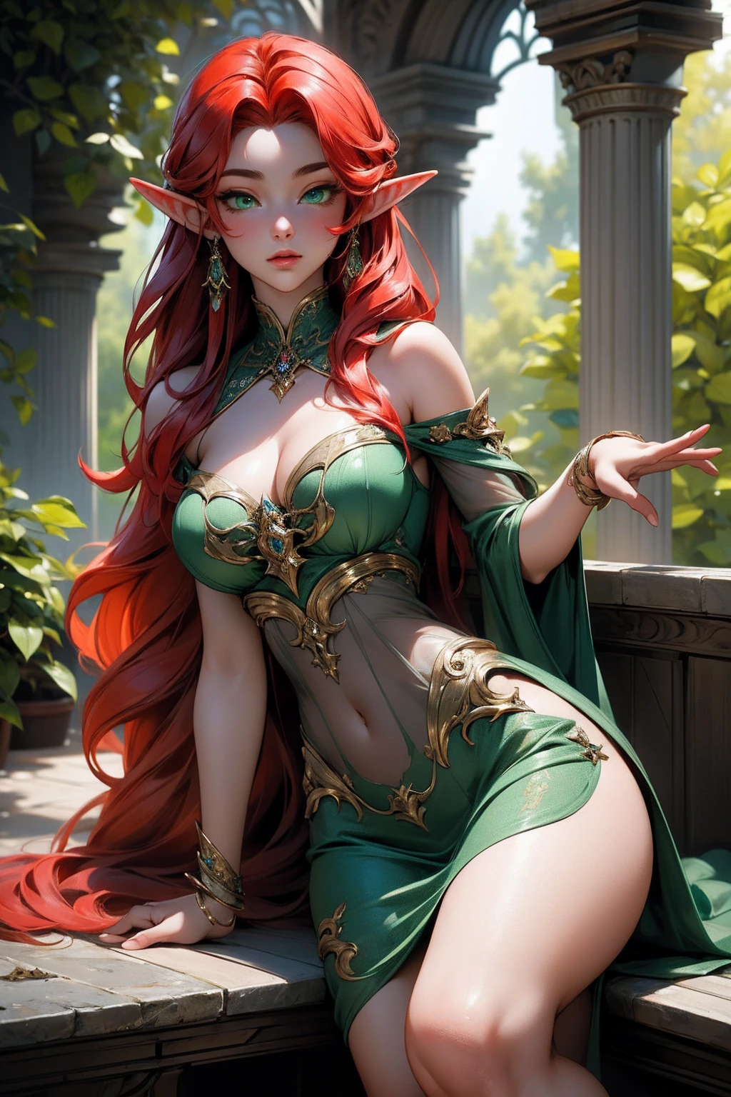 (Masterpiece - Ultra-Detailed, High Resolution) Prepare to be enchanted by a true masterpiece that combines ultra-detailed art with high-resolution rendering. This work shows a mesmerizing and sexy young elf with very large breasts and red hair. Green eyes, transparent  dress,  sitting on the gound.  Get ready to dive into a world where beauty and craftsmanship merge perfectly.