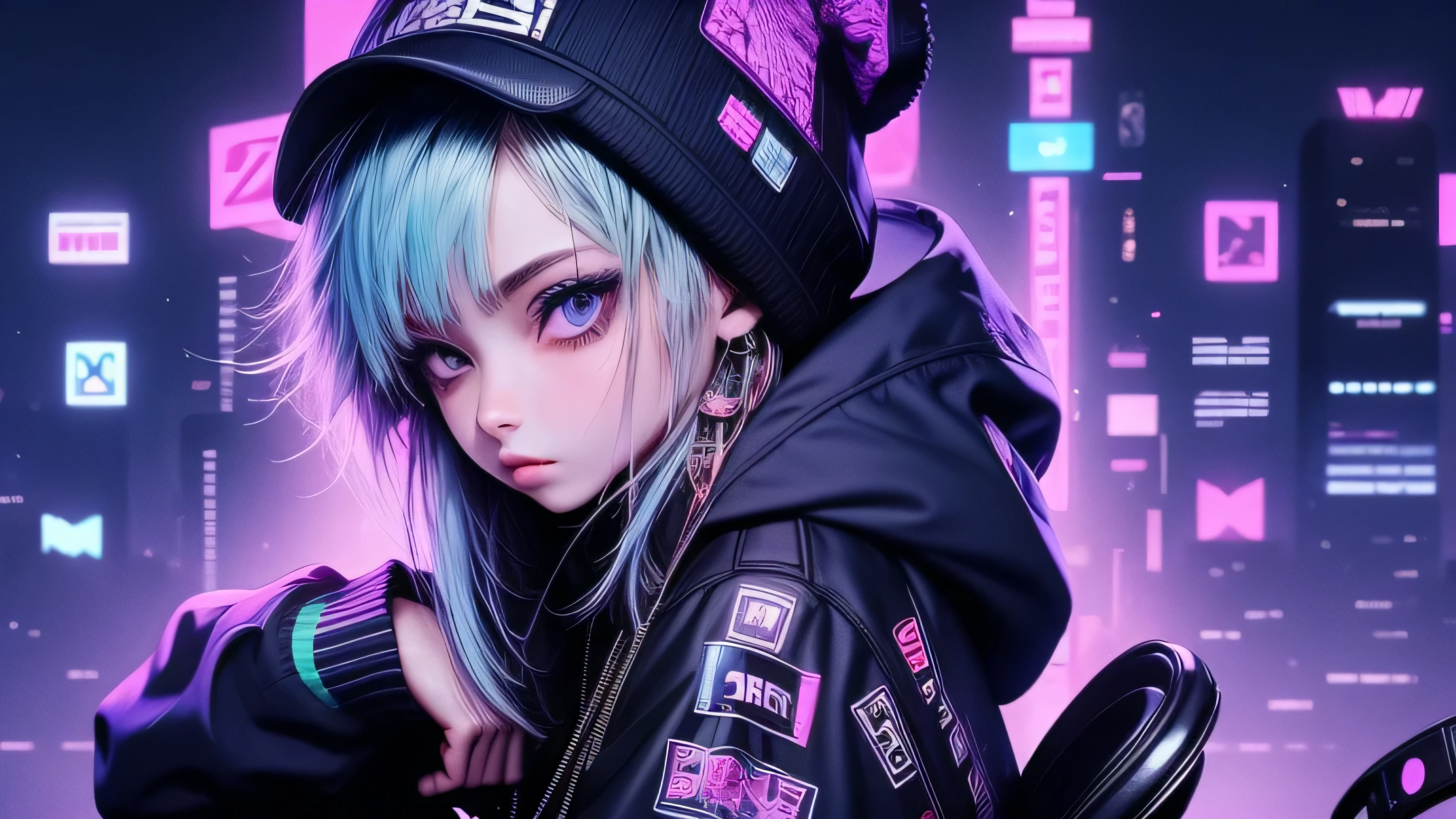 anime girl with blue hair sitting on a chair in a BLUE neon city, chica anime ciberpunk con capucha, chica anime ciberpunk, estilo anime 4K, anime ciberpunk, mejor fondo de pantalla de anime 4k konachan, digital arte del anime ciberpunk, mujer chica anime ciberpunk, ciberpunk digital - arte anime, arte del anime ciberpunk, anime ciberpunk, ropa de calle ciberpunk, estilo de arte ciberpunk