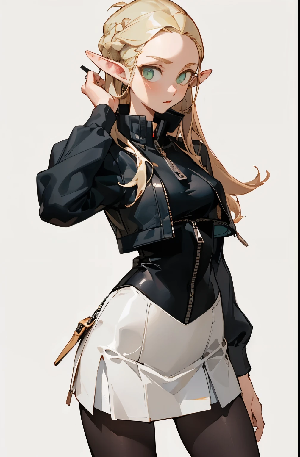 (masterpiece, best quality) detailed, Wearing black tights, silver accessories , zipper unzipped , blonde ,elegant, pointed ears ,white skirt,warm color