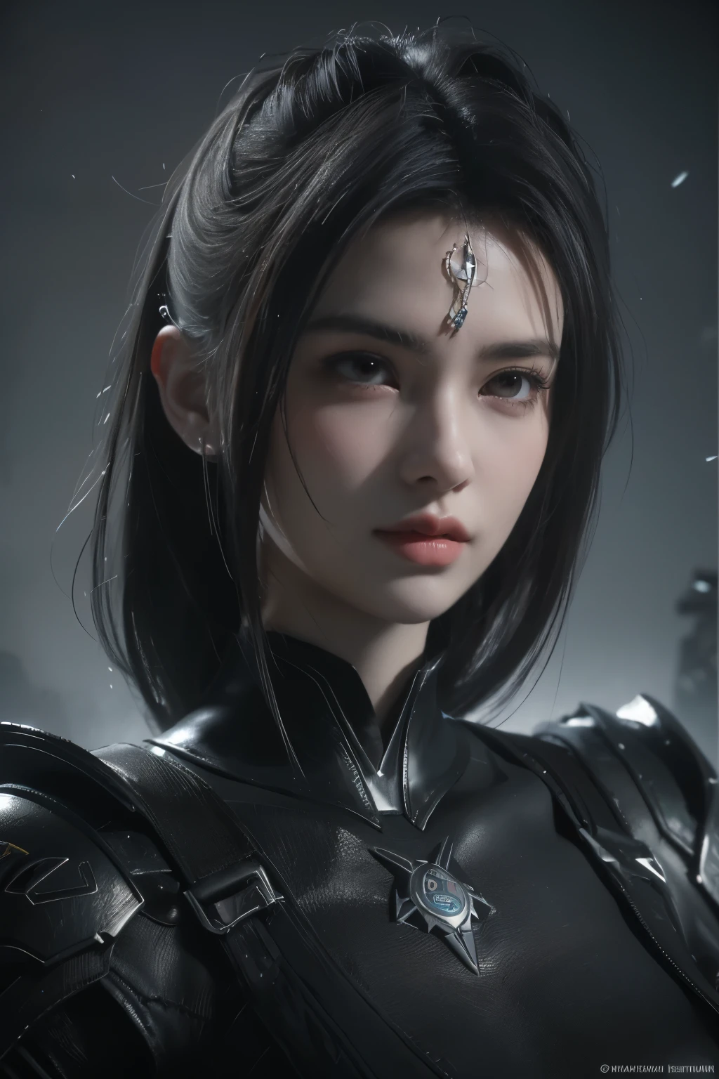 Masterpiece,Game art,The best picture quality,Highest resolution,8K,(Portrait),Unreal Engine 5 rendering works,(Digital Photography),((Portrait Feature:1.5)),
20 year old girl,Short hair details,With long bangs,(The red eye makeup is very meticulous),(With long gray hair:1.4),(Large, full breasts),Elegant and noble,Brave and charming,
(Future armor combined with the characteristics of ancient Chinese armor,Hollow design,Power Armor,The mysterious Eastern runes,A delicate dress pattern,A flash of magic),Warrior of the future,Cyberpunk figures,Background of war,
Movie lights，Ray tracing，Game CG，((3D Unreal Engine))，OC rendering reflection pattern