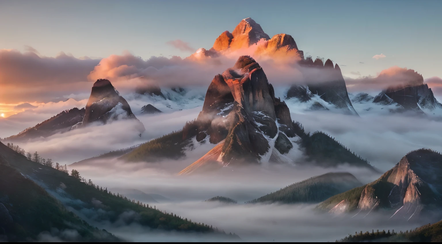 A breathtaking misty mountain sunrise, the scene is brought to life by the soft hues of pink and orange that dance through the fog. As the sun peeks over the jagged peaks, the clouds part to reveal a stunning mountain range covered in a blanket of dew. This picturesque image, possibly a photograph, captures the serenity and majesty of nature with pristine clarity and depth. The crisp details and vibrant colors make it seem almost surreal, immersing viewers in a moment of tranquil beauty.
