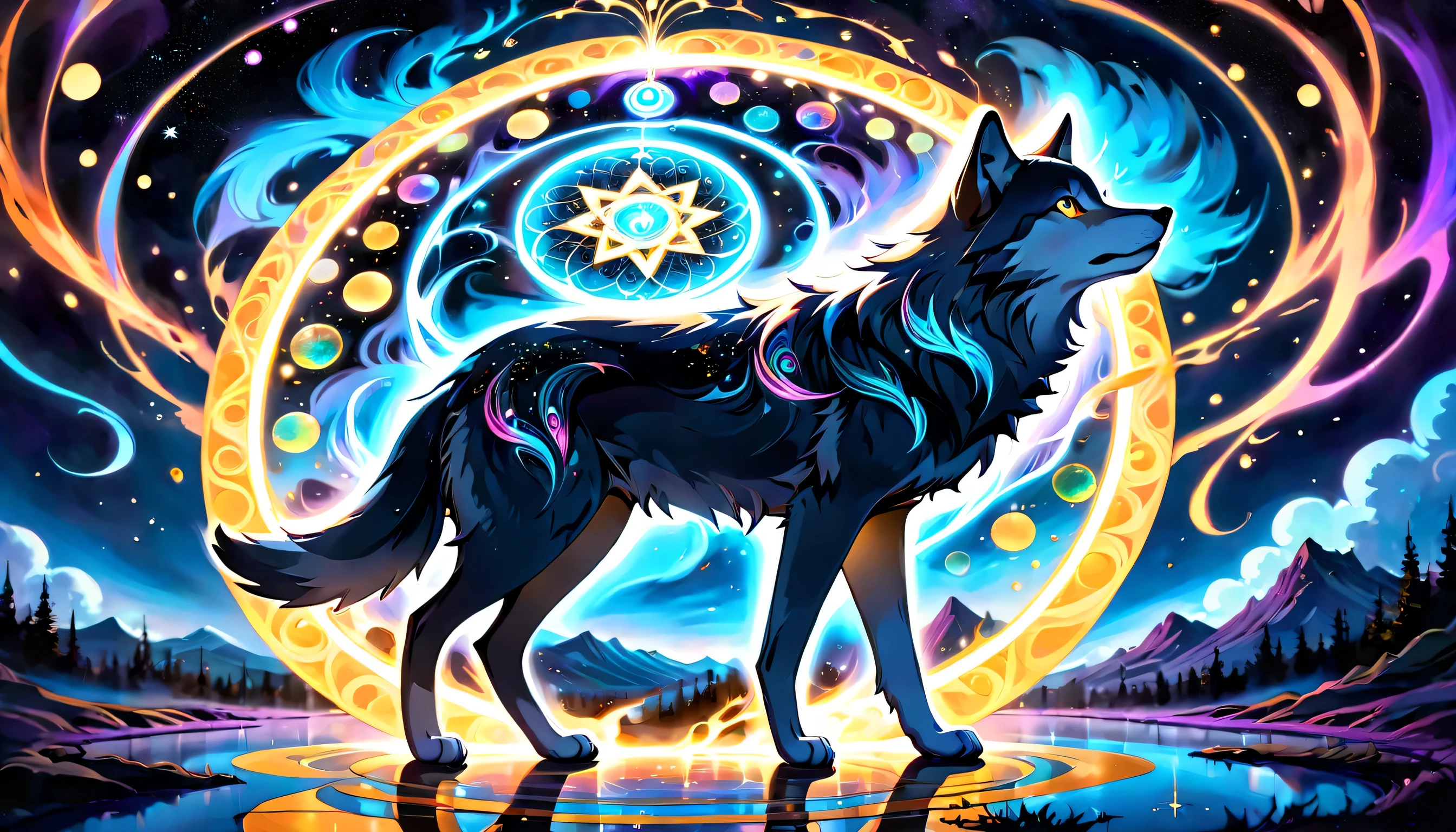 elaborate majestic aura gray-wolf with magic circle illustration, profile like oil-painting, extreme fine detail brush work, intricate detail psychedelic graffiti like, solo cat is seasoned and fearless, slender stunning fine detailed bold, falling star with neuron mist, highest quality, best quality, distinctly contrast, conscientious of draw and painting, beautiful detail glow, 16k, precision like draw, minuteness painting, wide shot, night fantasy style, captured, breathtaking glow skill and precision contrast, highly quality oil painting, stunning beautiful touch rendering, transparent dark fantasy accent, use eternal tone color palette, floating around eternal fantasy like smoke, violently brush work with mingle,