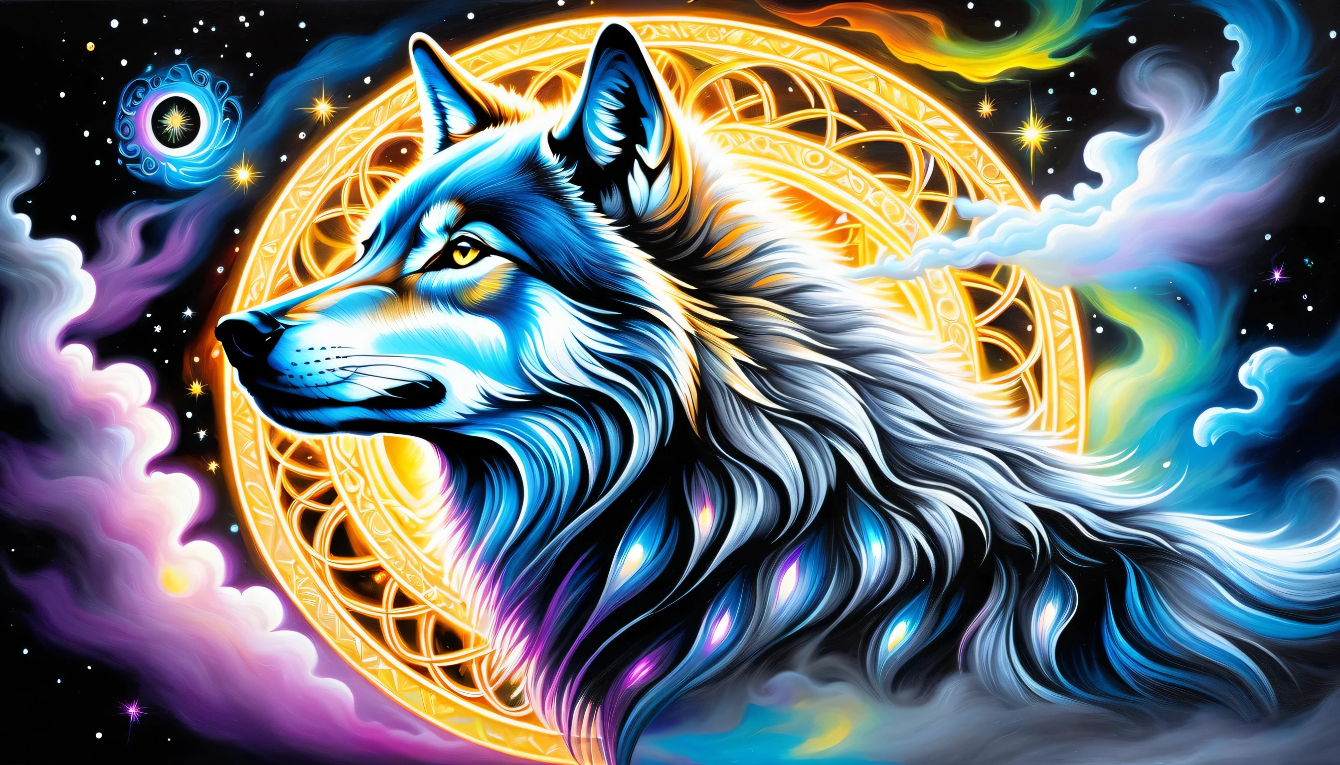 elaborate majestic aura gray-wolf with magic circle illustration, profile like oil-painting, extreme fine detail brush work, intricate detail psychedelic graffiti like, solo cat is seasoned and fearless, slender stunning fine detailed bold, falling star with neuron mist, highest quality, best quality, distinctly contrast, conscientious of draw and painting, beautiful detail glow, 16k, precision like draw, minuteness painting, wide shot, night fantasy style, captured, breathtaking glow skill and precision contrast, highly quality oil painting, stunning beautiful touch rendering, transparent dark fantasy accent, use eternal tone color palette, floating around eternal fantasy like smoke, violently brush work with mingle,