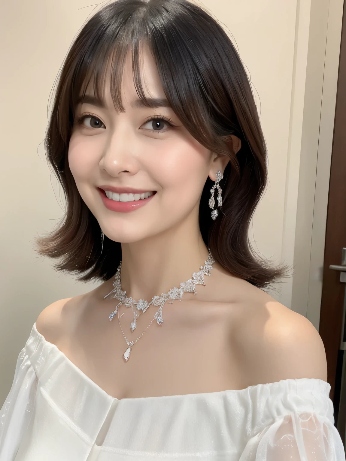 (Solo:1.3),8K, Best quality, Masterpiece, Realistic, Super detail, f/1.2, 85mm, Nikon, Smiling woman with shiny hair, Natural makeup, 50 years old woman, white off-shoulder tops，Ruffled sleeves, Diamond pendant necklace, Emphasize chest, waist shot,