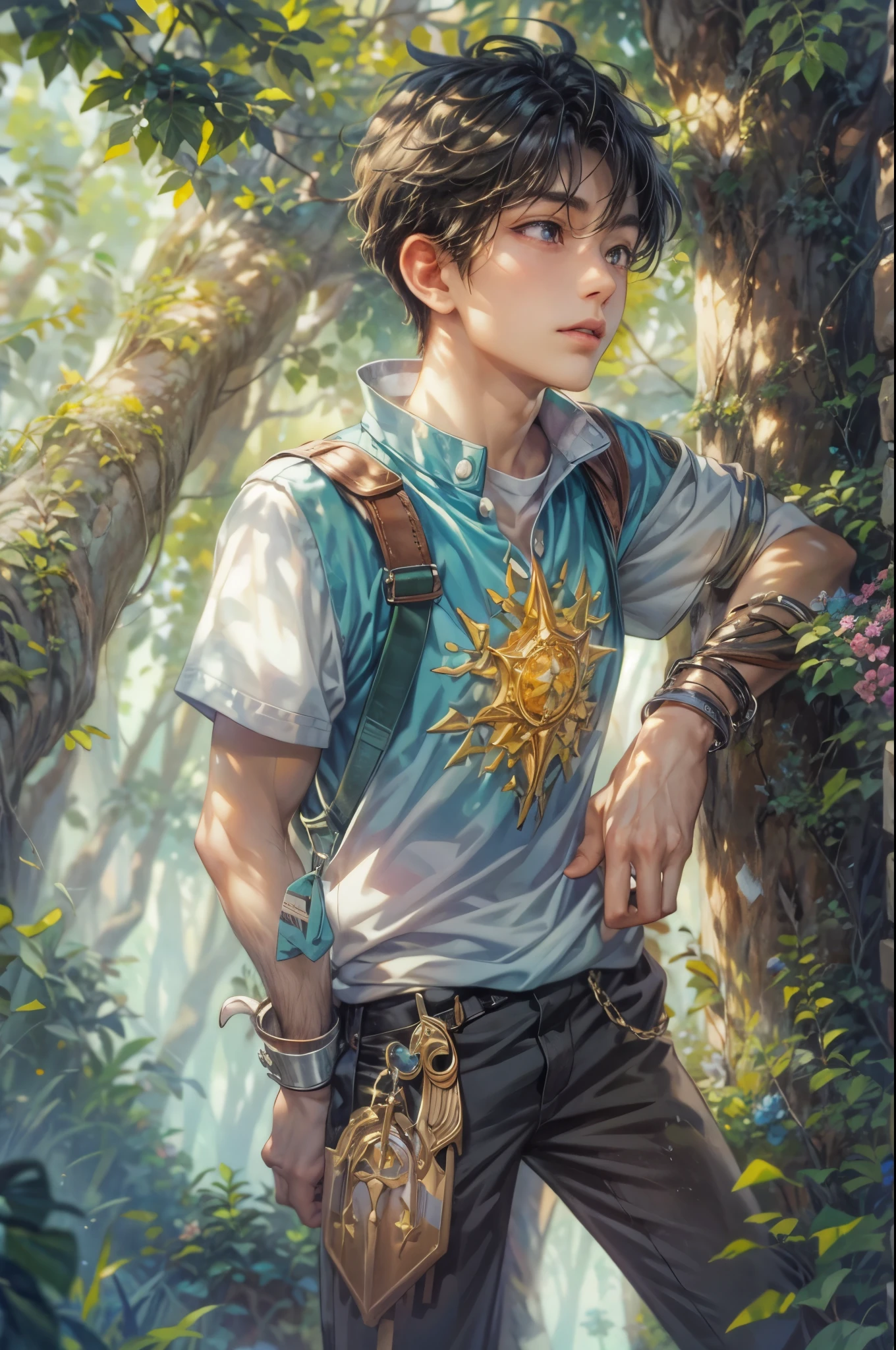 ((Best quality)), ((masterpiece)), (detailed), ((perfect face)), ((halfbody)) handsome face, male, boy, perfect proportions , a character from anime groove adventure Rave, short hair, male version , hiro mashima art, detailed ghibli forest background, detailed ghibli scenery background